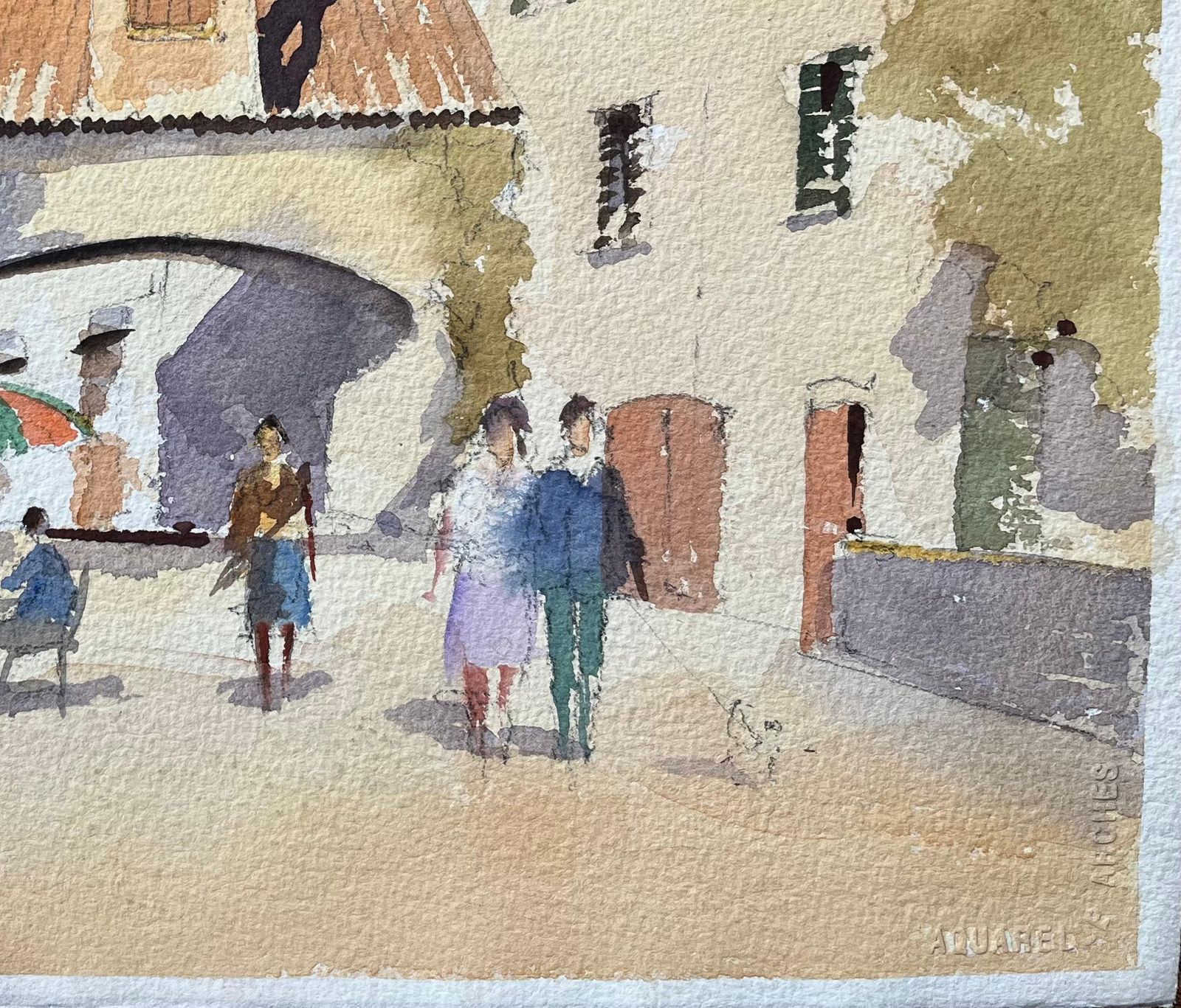 British Impressionist Watercolor Of A Street Scene With Bell Tower Arch photo for sale