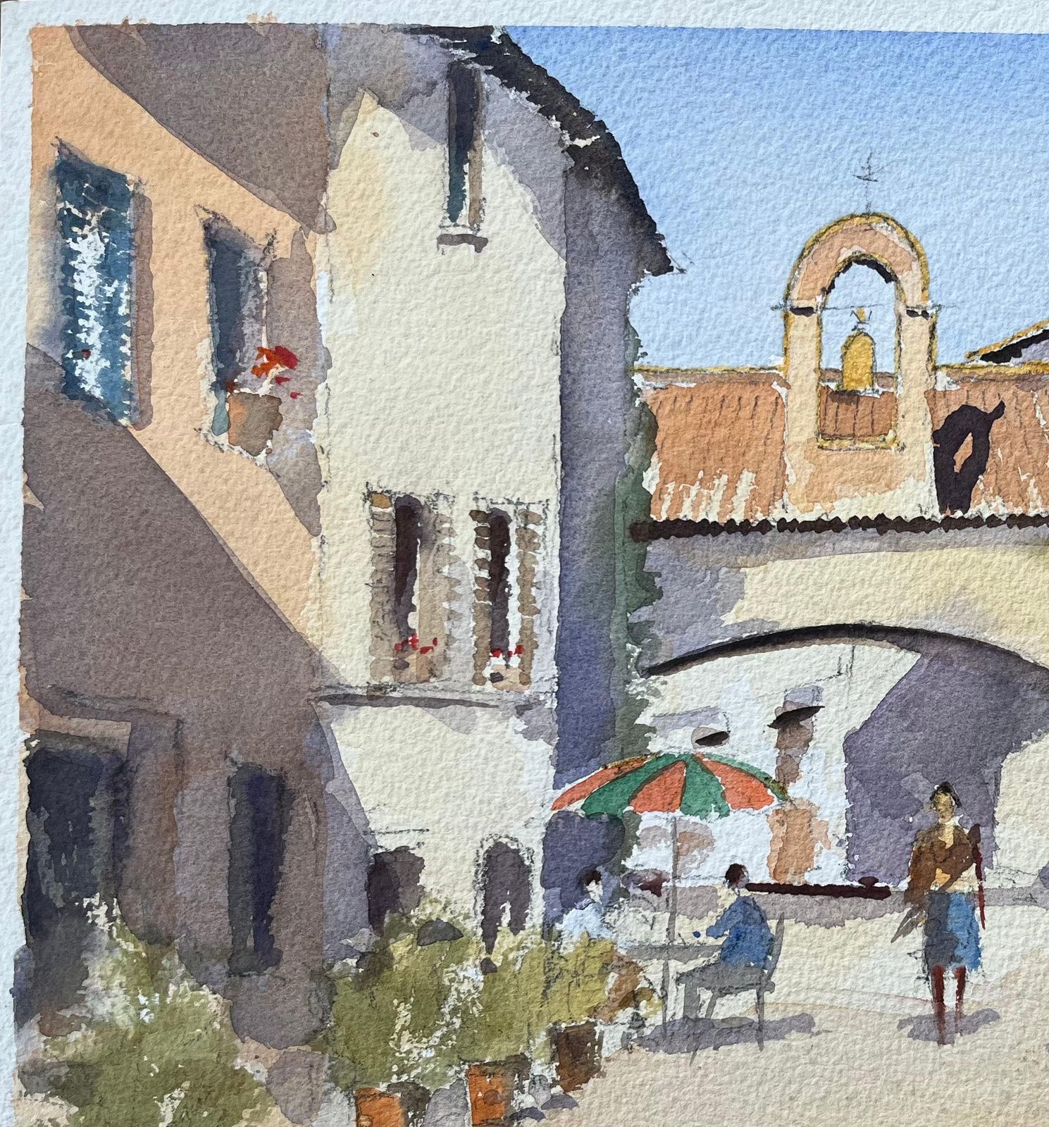 British Impressionist Watercolor Of A Street Scene With Bell Tower Arch photo vinterior