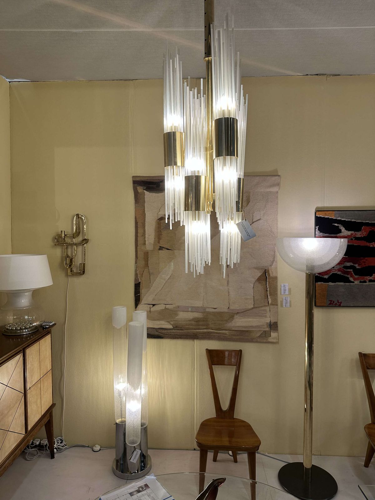 Carlo Nason Attribute Chandelier Brass With Fountain Of Glass Strands Italy 1960 photo 5800.0