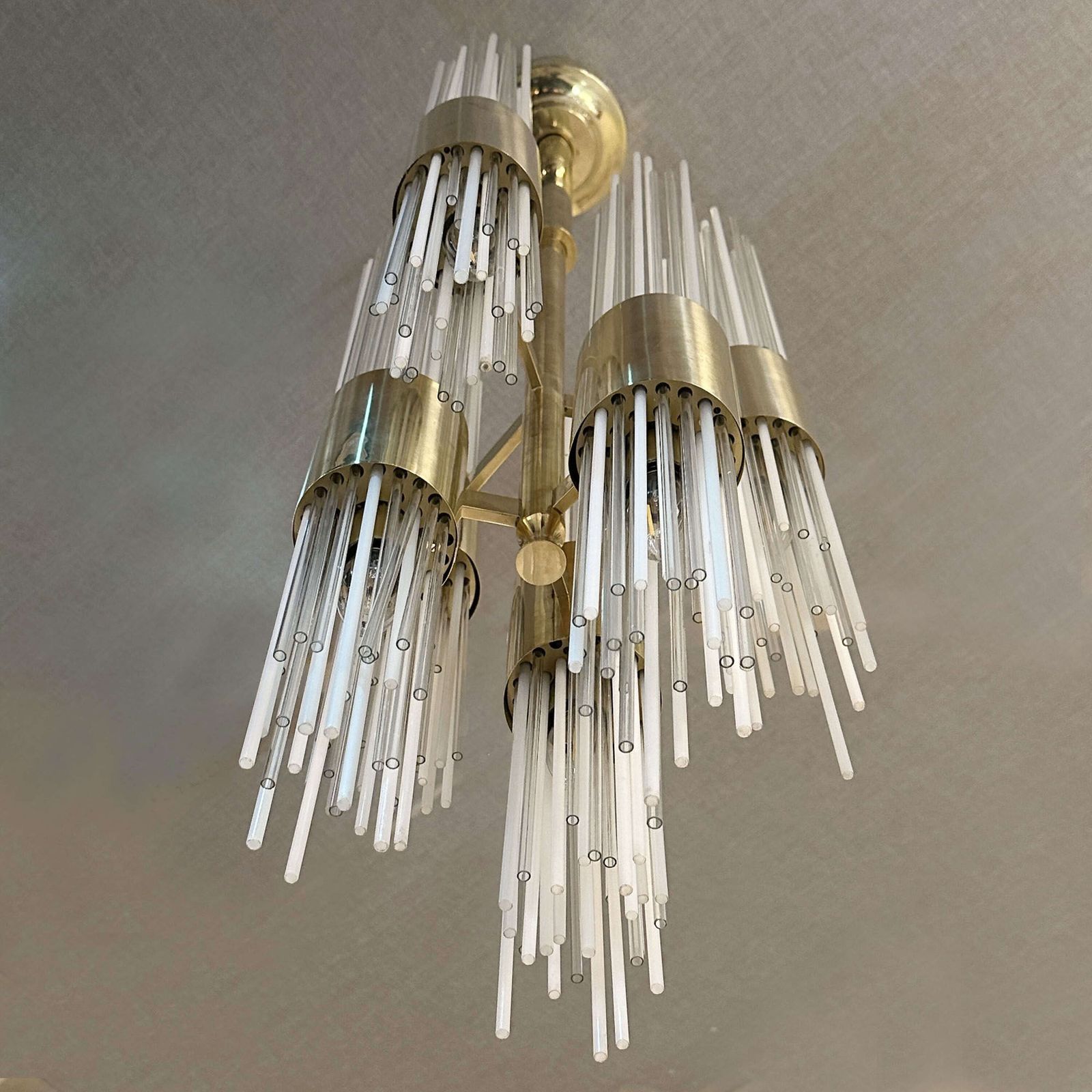 Carlo Nason Attribute Chandelier Brass With Fountain Of Glass Strands Italy 1960 photo vintage