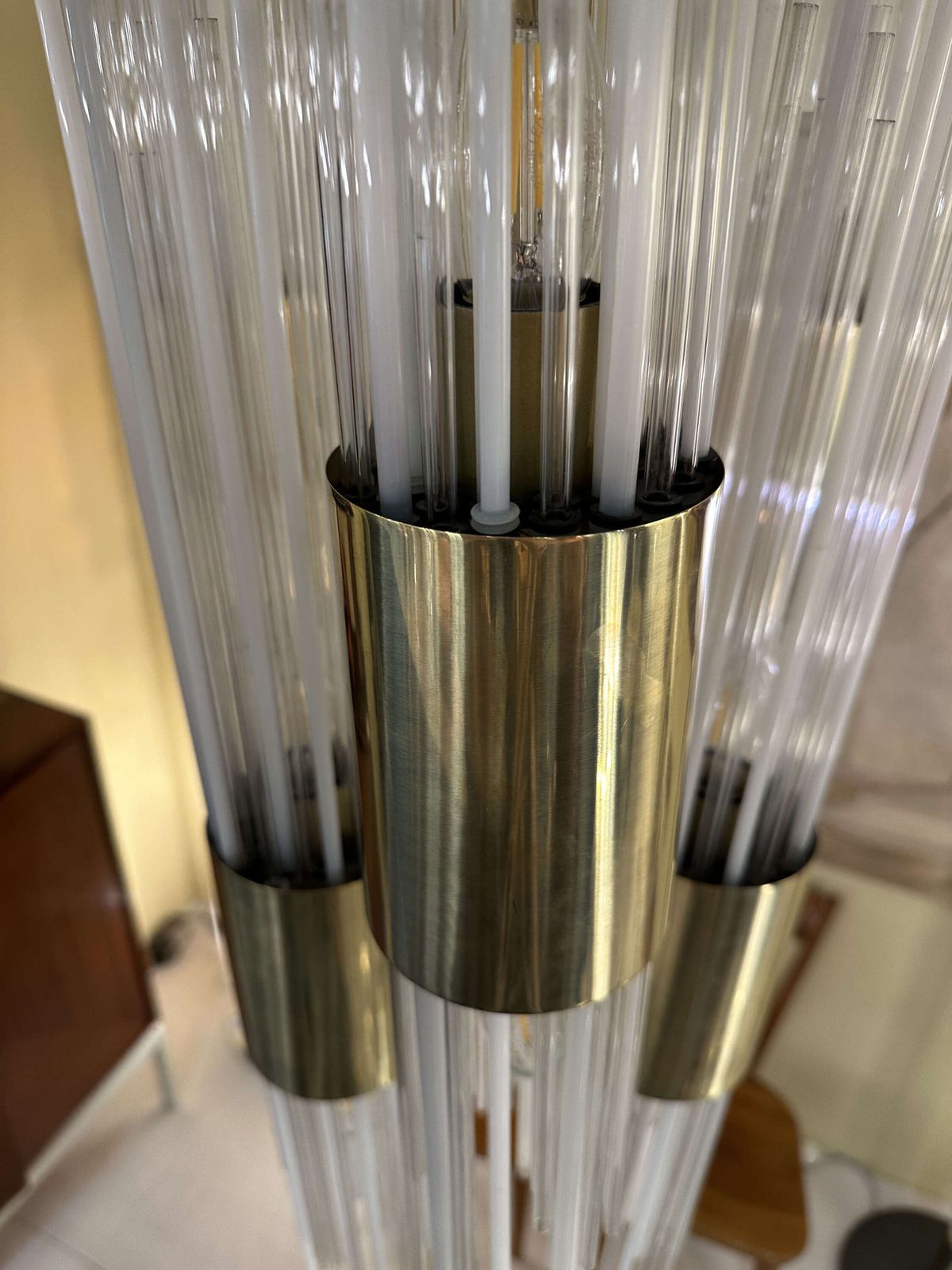 photo furniture Carlo Nason Attribute Chandelier Brass With Fountain Of Glass Strands Italy 1960