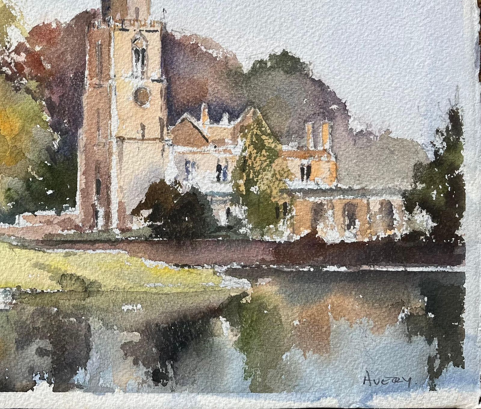 British Impressionist Watercolor Of A Riverside Church Scene photo for sale