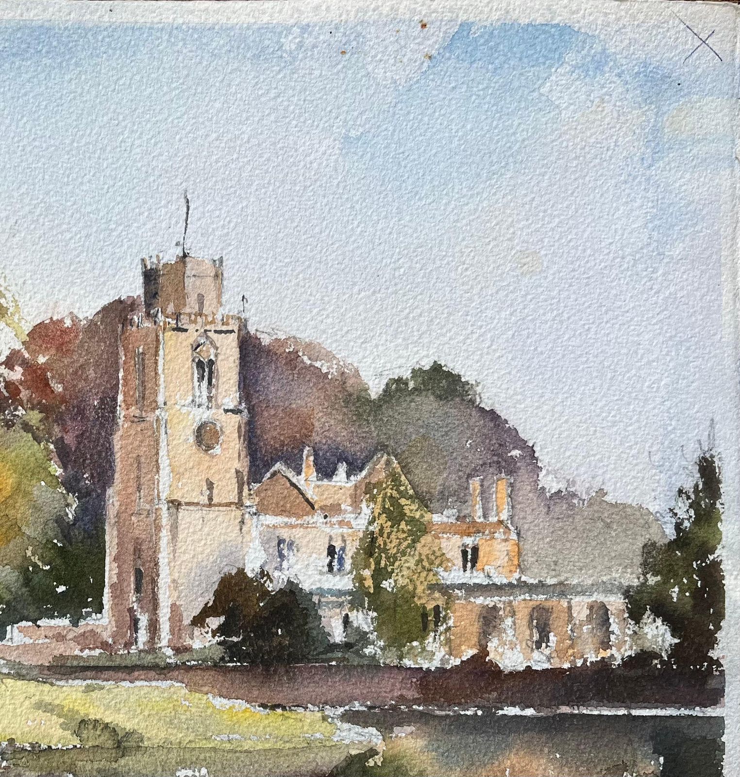 British Impressionist Watercolor Of A Riverside Church Scene photo Art