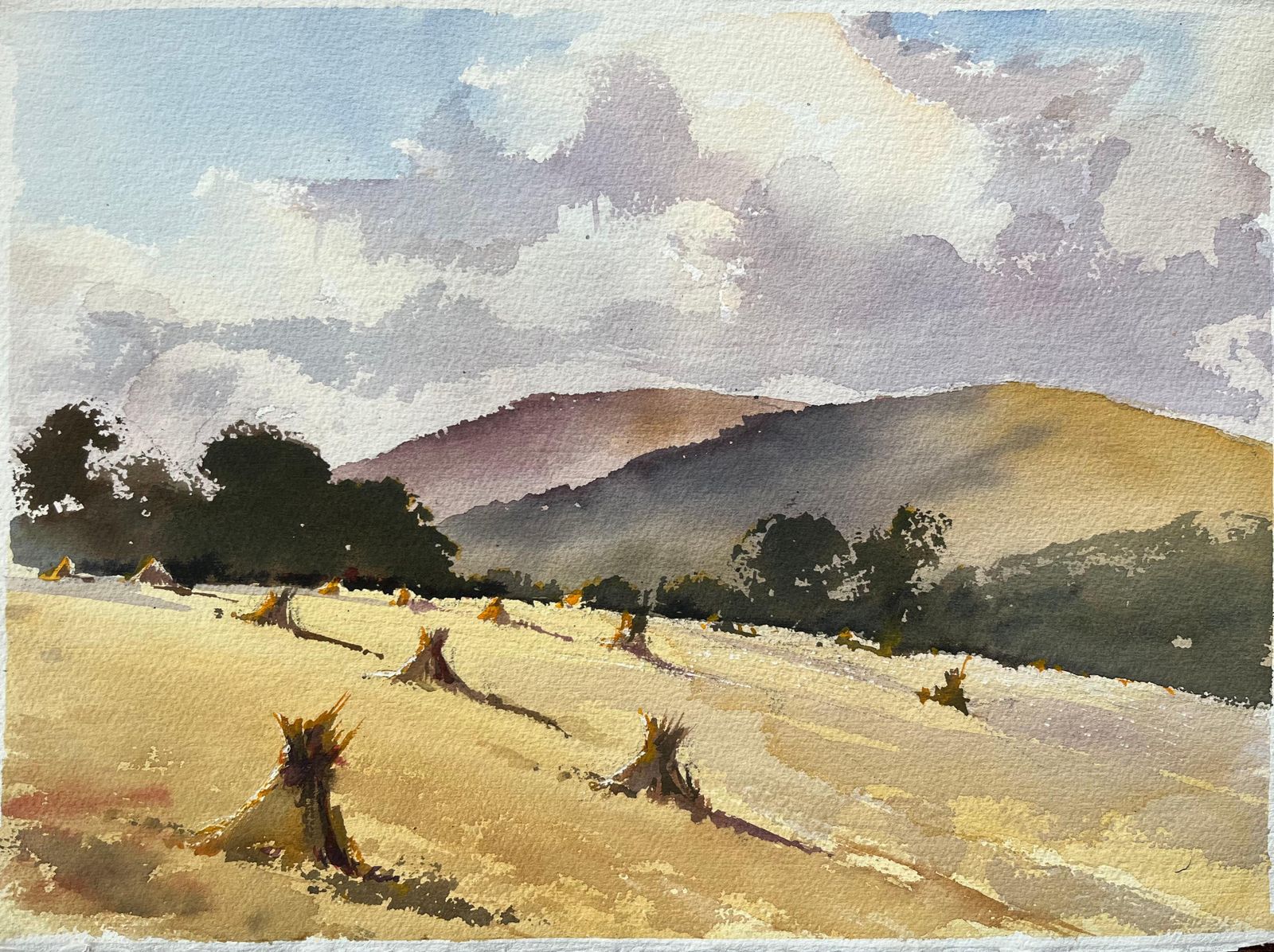 British Impressionist Watercolor Of A Serene Countryside Scene At Harvest Time