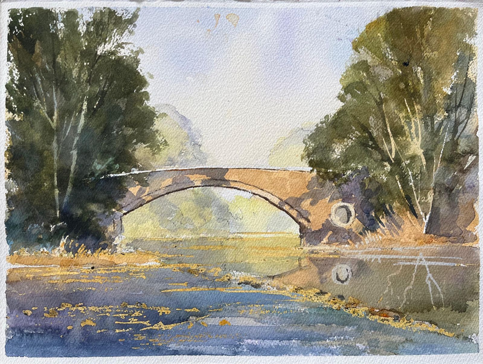 British Impressionist Watercolor Of A Stone Bridge Over A Serene River