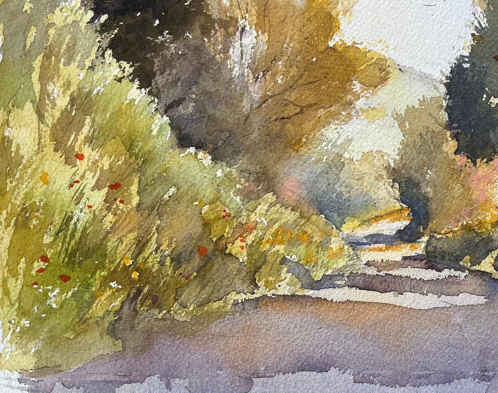 British Impressionist Watercolor Of Sunlit Country Lane photo 485.0