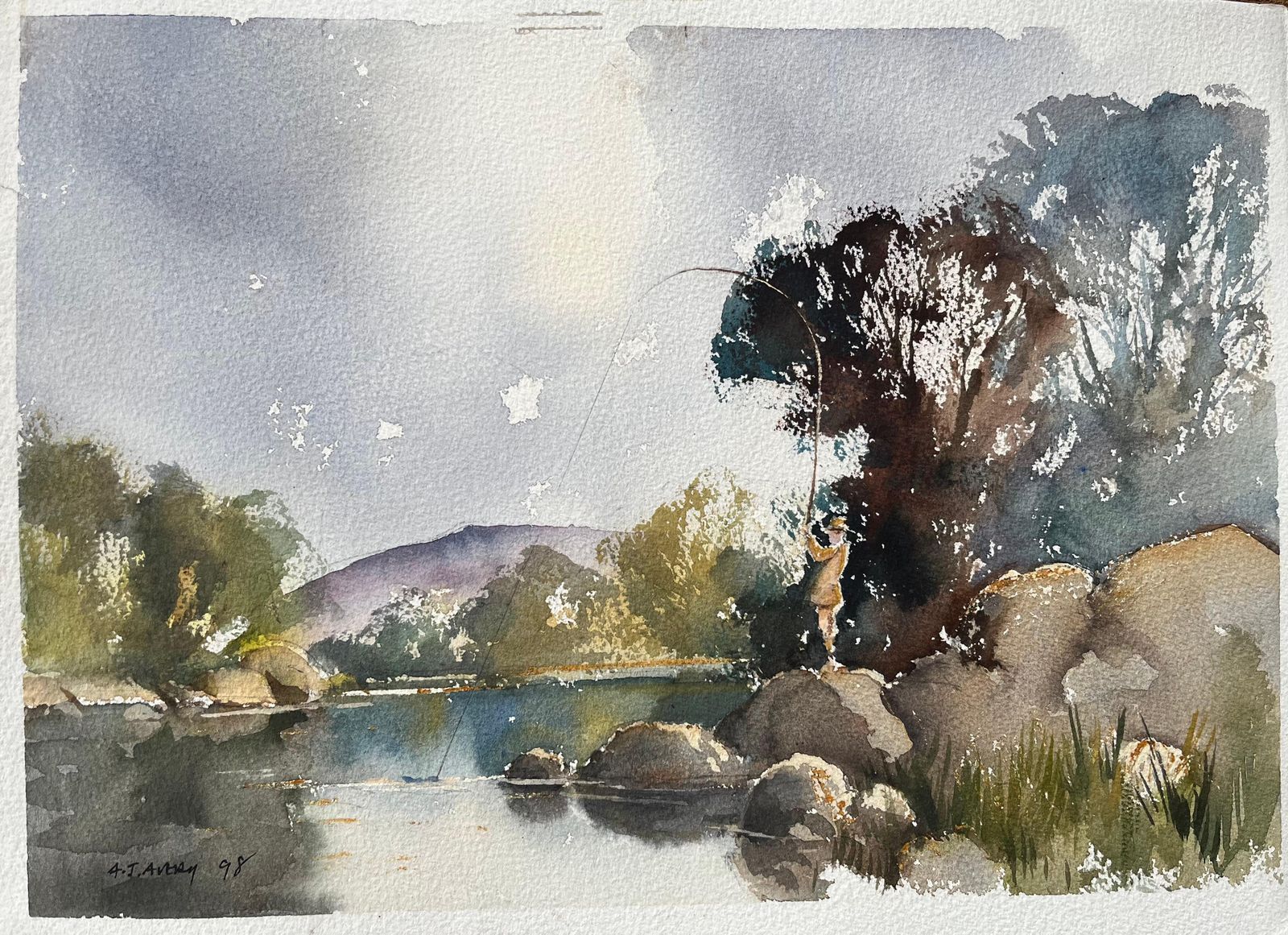 British Impressionist Watercolor Of A Fisherman By A Riverside 1998
