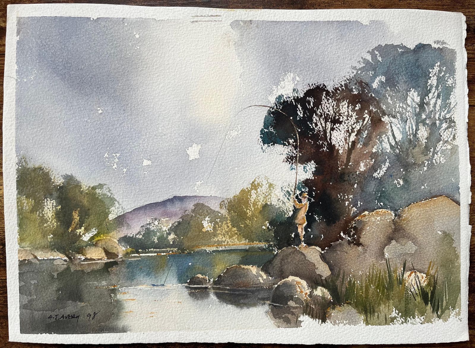 British Impressionist Watercolor Of A Fisherman By A Riverside 1998 photo furniture