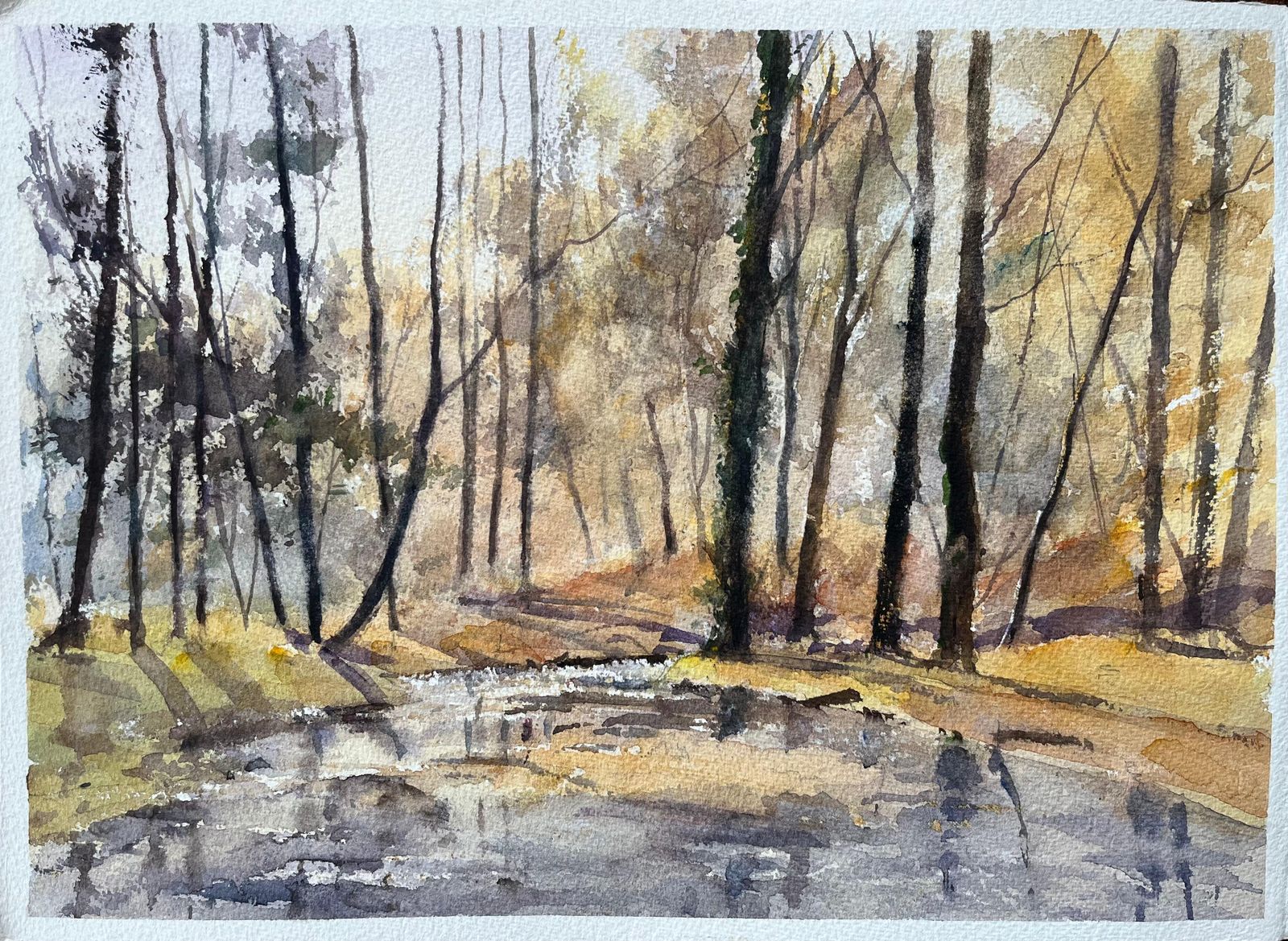 British Impressionist Watercolor Of A Misty Riverside With Church Spire