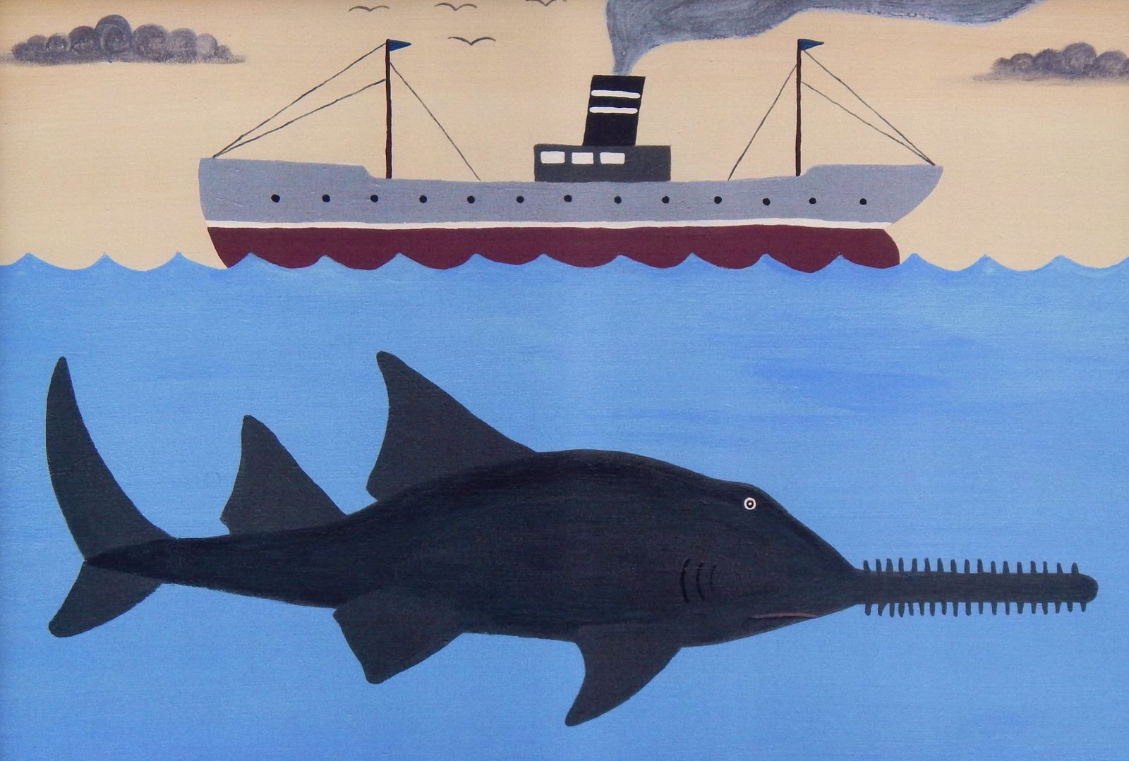 Naïve Coastal Art Maritime Scene With Sawfish And Steamship Fine Art Print By Matt Rix photo for sale