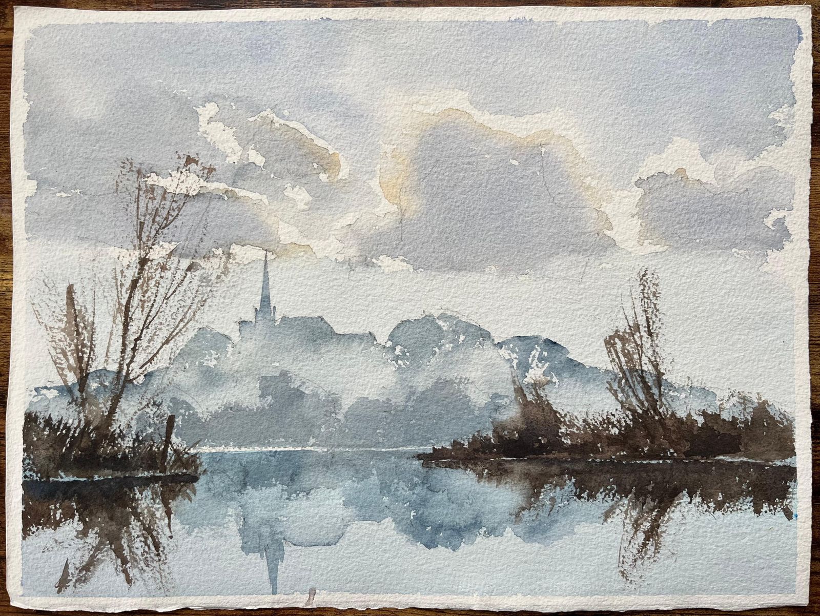 British Impressionist Watercolor Of A Misty Riverside With Church Spire photo furniture