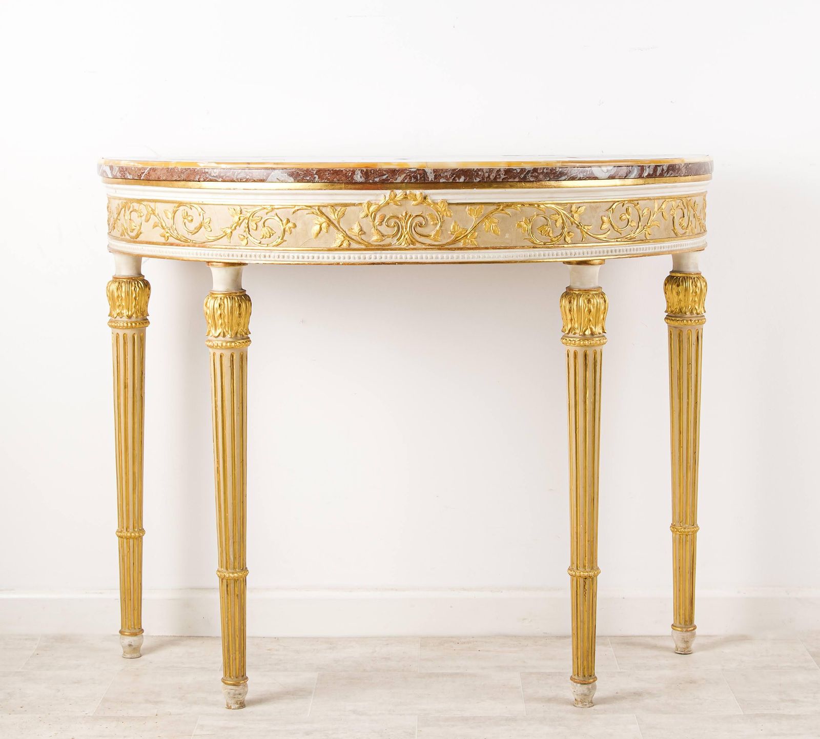 Georgian Style Demi Lune Console With Rouge Marble Top, White & Gilt photo furniture