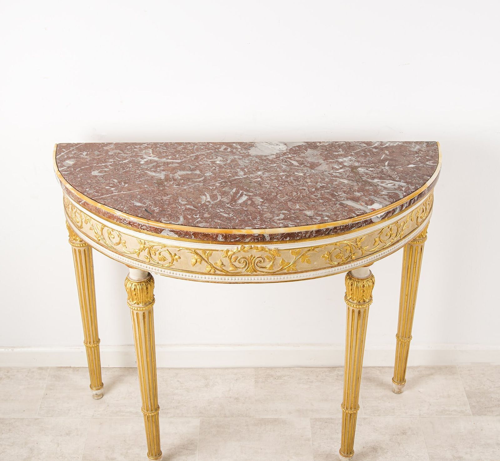 Georgian Style Demi Lune Console With Rouge Marble Top, White & Gilt photo vinterior