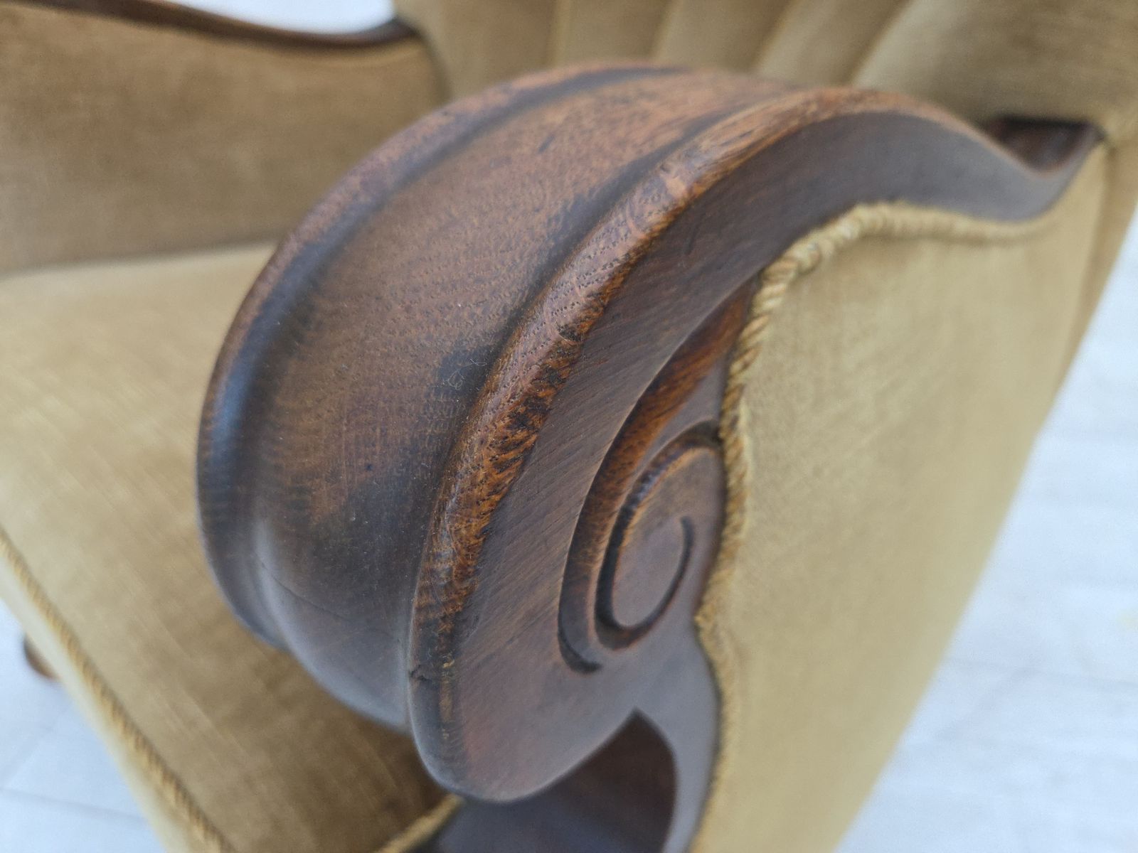 photo furniture 1960s, Danish Armchair, Original Green Furniture Velour, Carved Oak Wood.