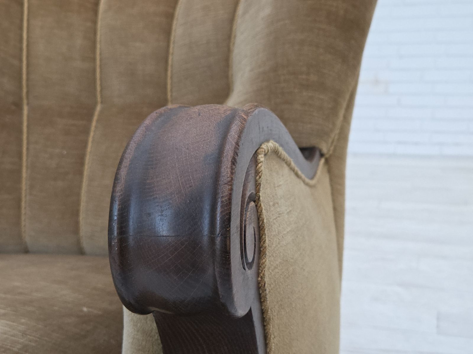 photo for sale 1960s, Danish Armchair, Original Green Furniture Velour, Carved Oak Wood.