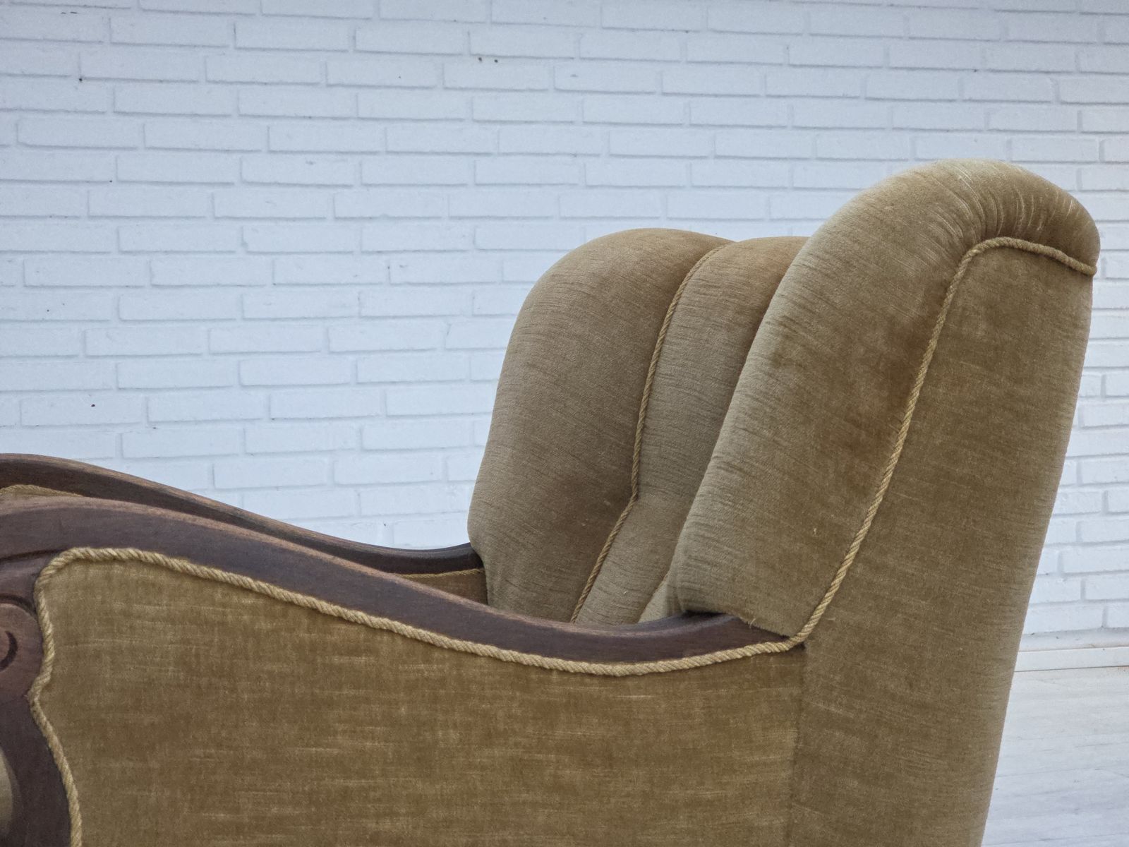 1350.0 1960s, Danish Armchair, Original Green Furniture Velour, Carved Oak Wood. photo