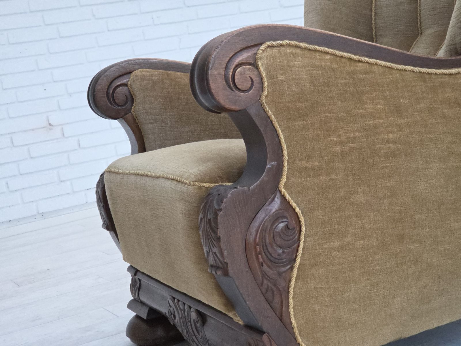photo buy 1960s, Danish Armchair, Original Green Furniture Velour, Carved Oak Wood.