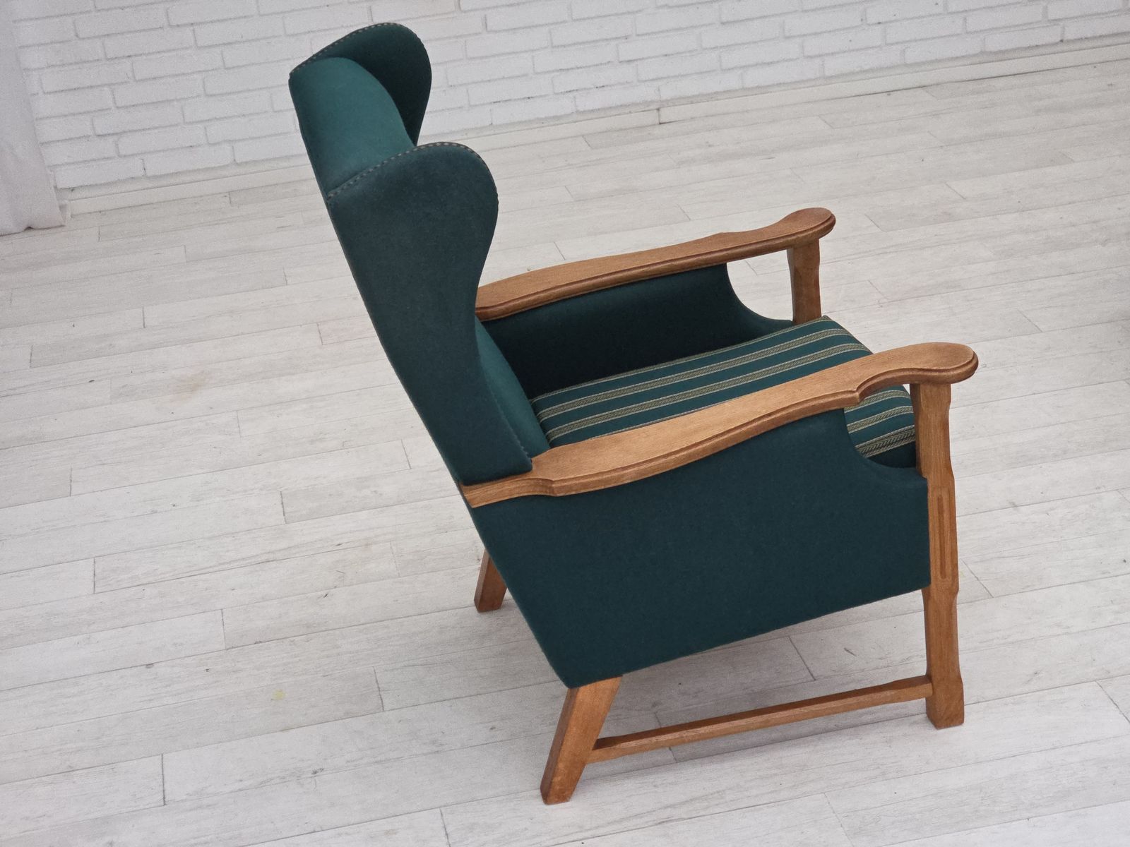 photo for sale 1970s, Danish High Back Armchair, Furniture Wool, Solid Oak Wood.