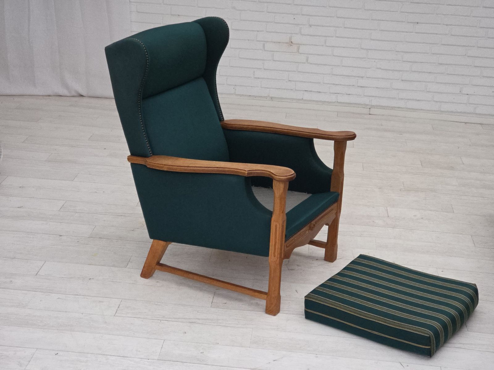 Furniture 1970s, Danish High Back Armchair, Furniture Wool, Solid Oak Wood. photo