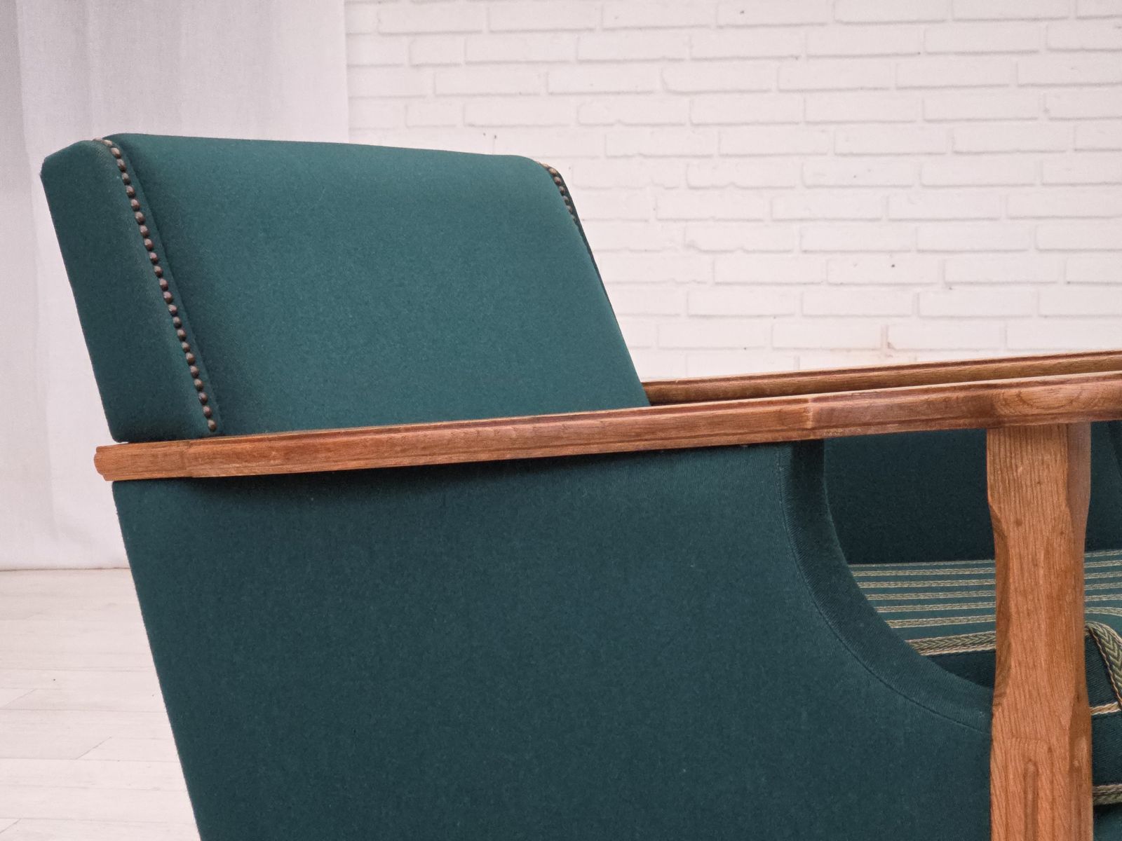 1970s, Danish Armchair, Furniture Wool, Solid Oak Wood. photo vintage