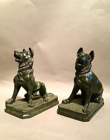 C19th Pair Of Grand Tour Serpentine Marble Dogs photo Art
