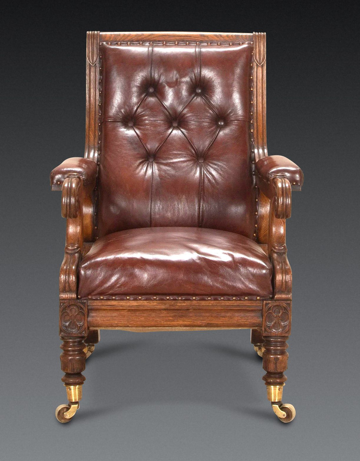 19th Century English Oak Leather Library Chair photo furniture