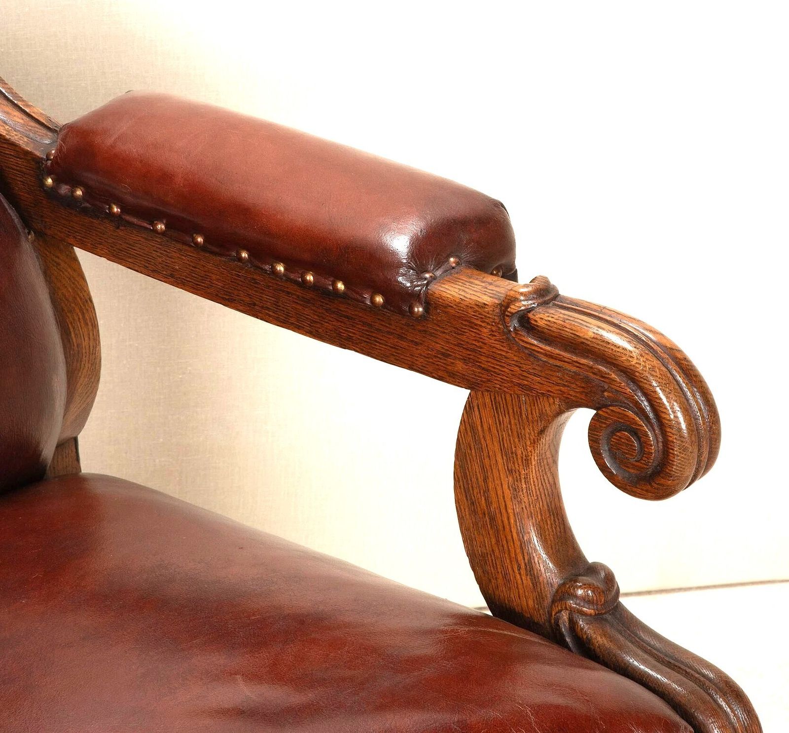 Furniture 19th Century English Oak Leather Library Chair photo