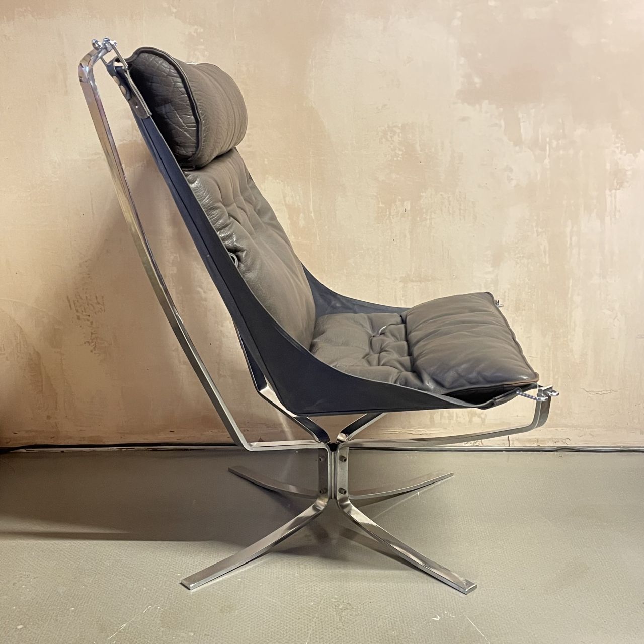 Brown High Backed Falcon Chair By Sigurd Resell In Chrome photo vintage