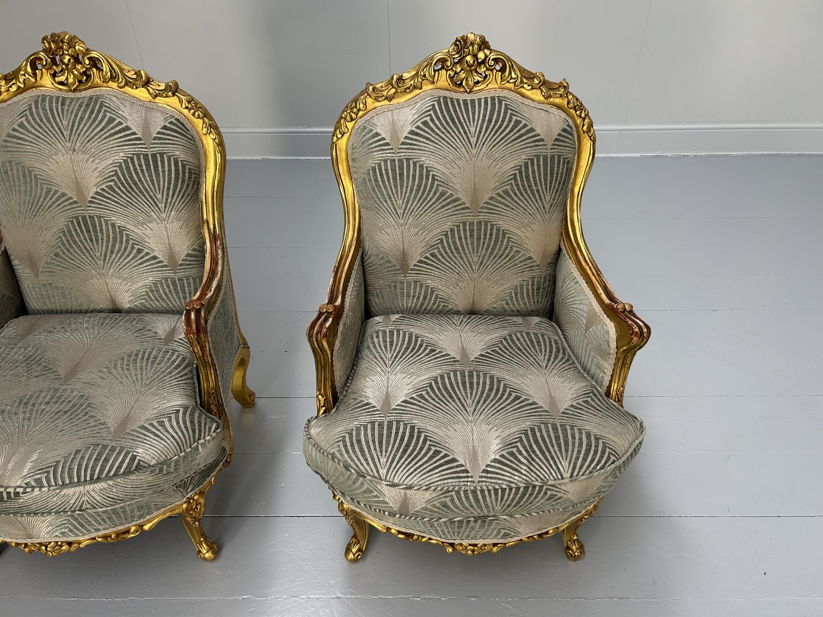 photo furniture Pair Of French Carved Armchairs In Fabric And Giltwood