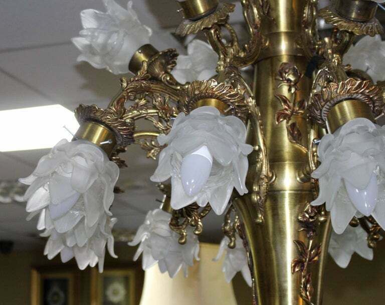 Quality Mid 20th Century French Brass Chandelier With Glass Shades photo for sale
