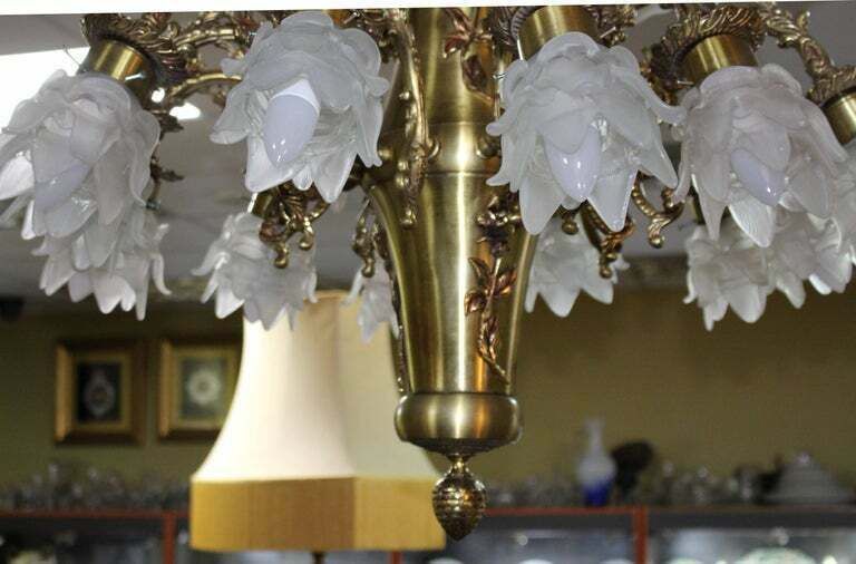 Quality Mid 20th Century French Brass Chandelier With Glass Shades photo 2400.0