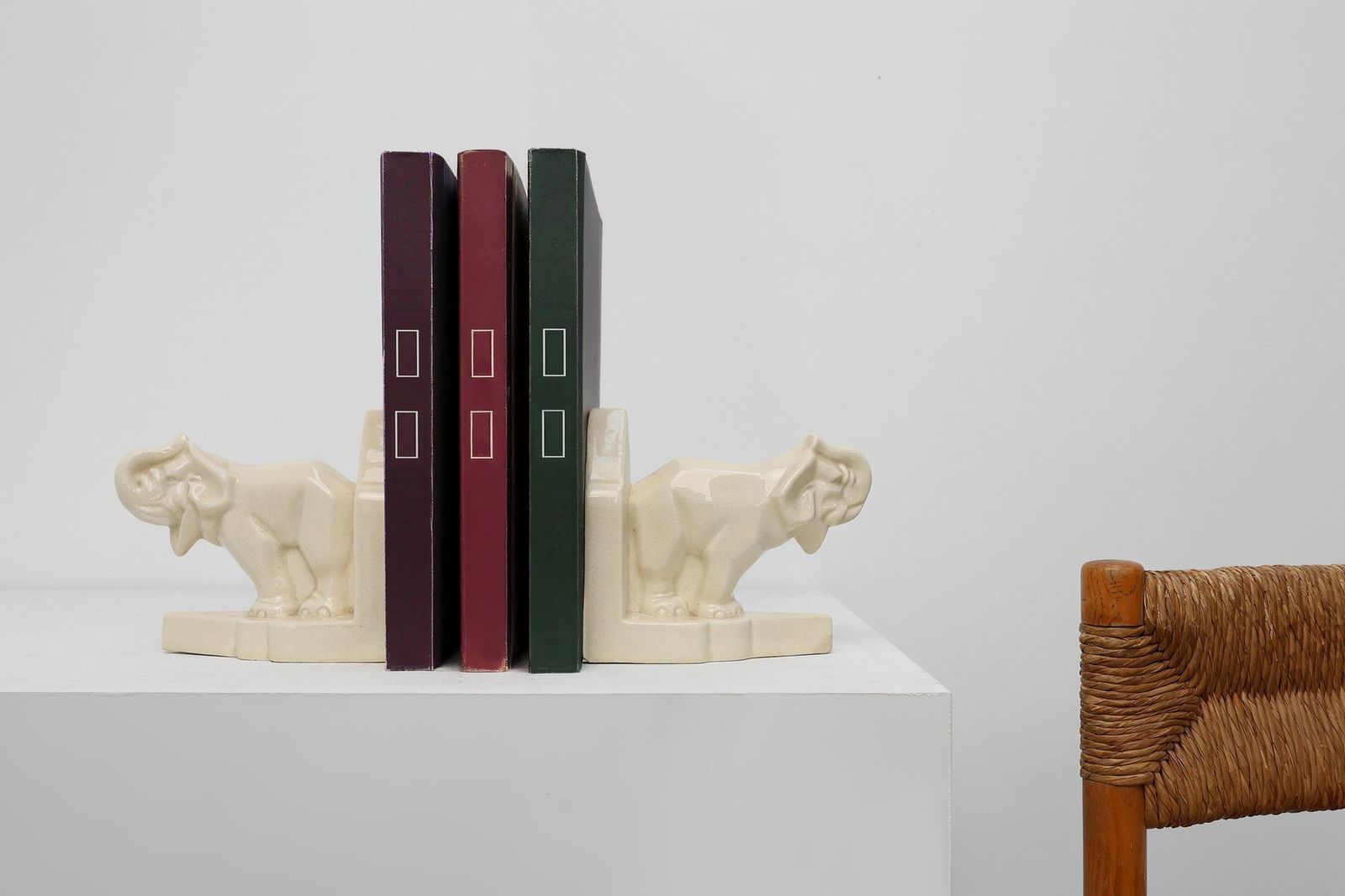 photo for sale Art Deco French Ceramic Bookends In Elephant Motif, 1930s, Set Of 2