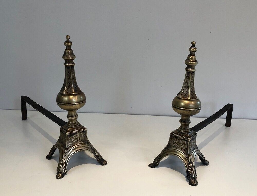 Pair Of Bronze And Wrought Iron Eiffel Tower Andirons. French. Circa 1900