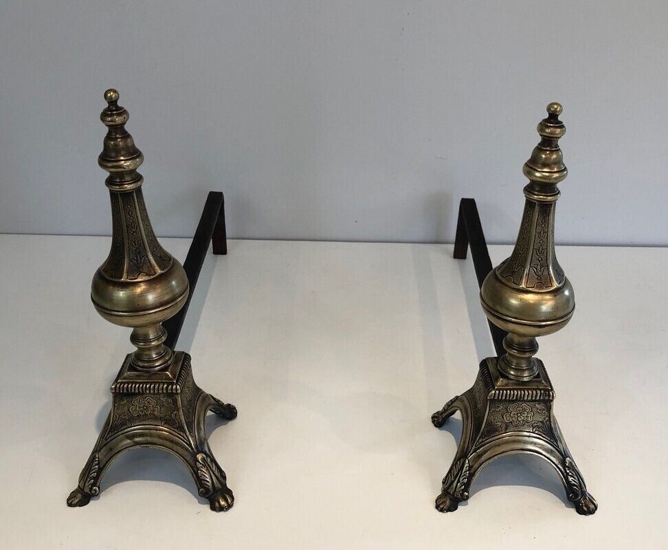 Pair Of Bronze And Wrought Iron Eiffel Tower Andirons. French. Circa 1900 photo for sale