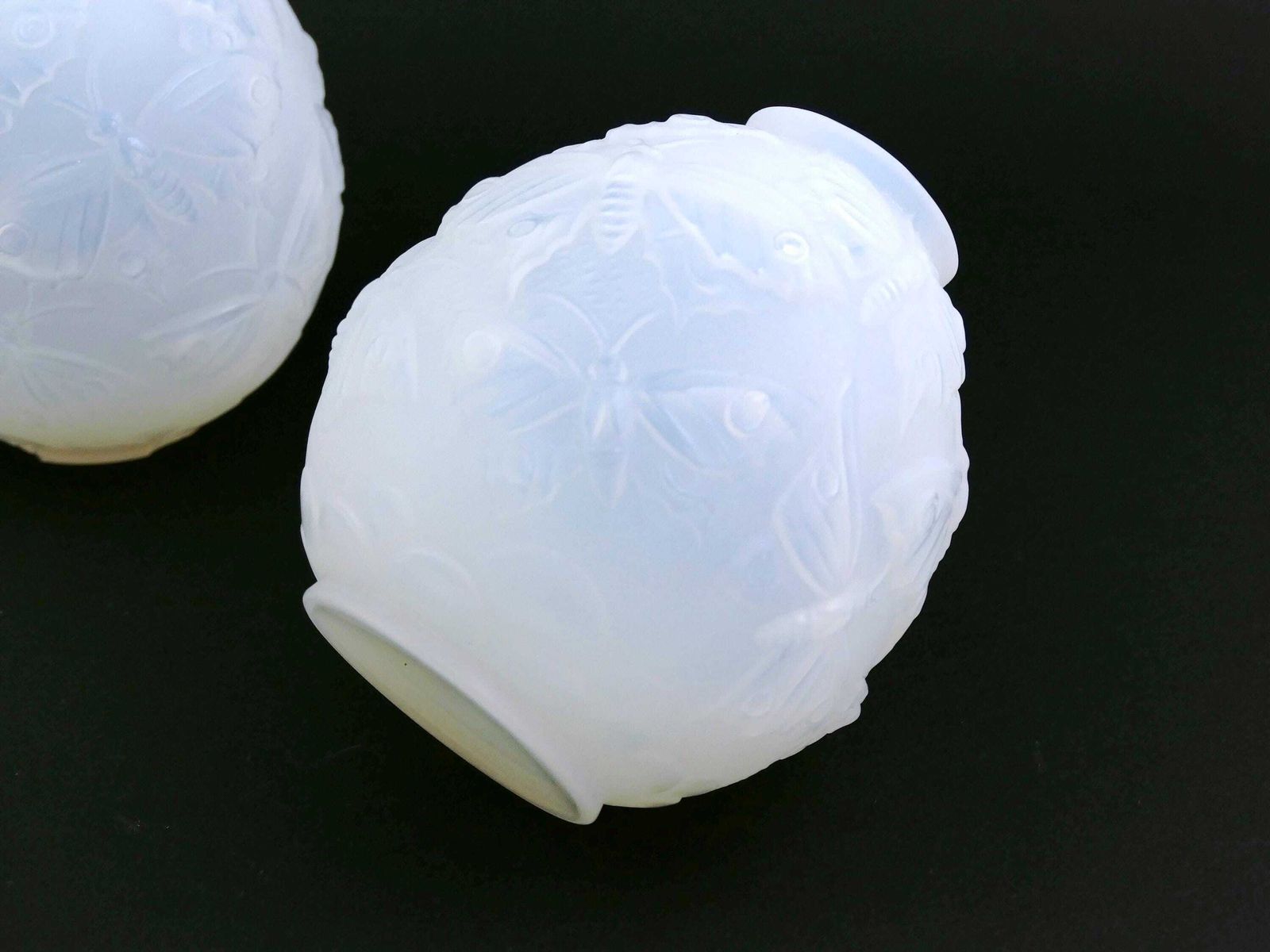 2 Antique French Art Deco Frosted Glass Round Vases By Verlys With Butterfly Pattern, Pair Of Retro 1920 Glassware Designer Chic Home Decor photo furniture