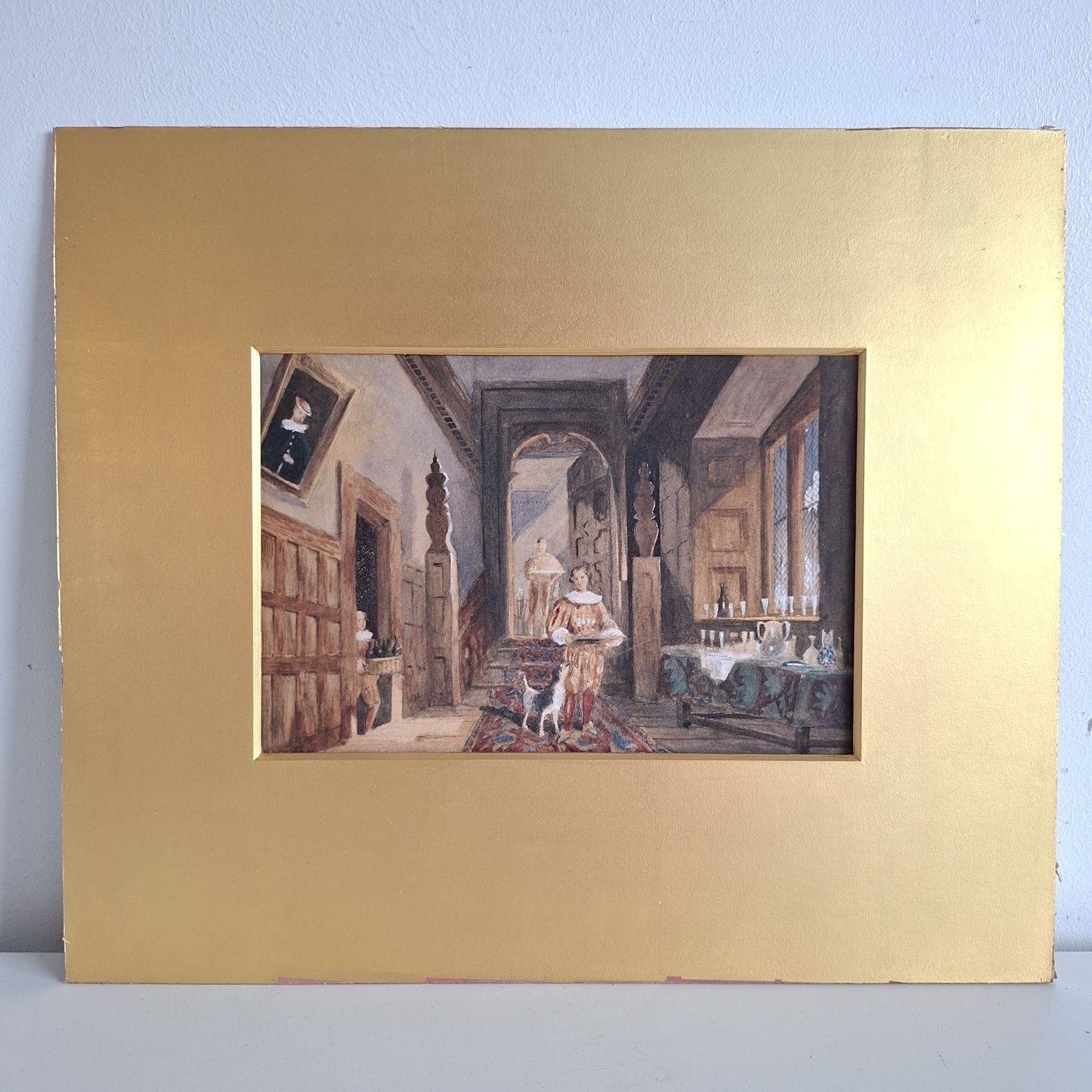 Original Victorian Painting Hall Interior Framed 1830s Antique Art 19th Century photo furniture