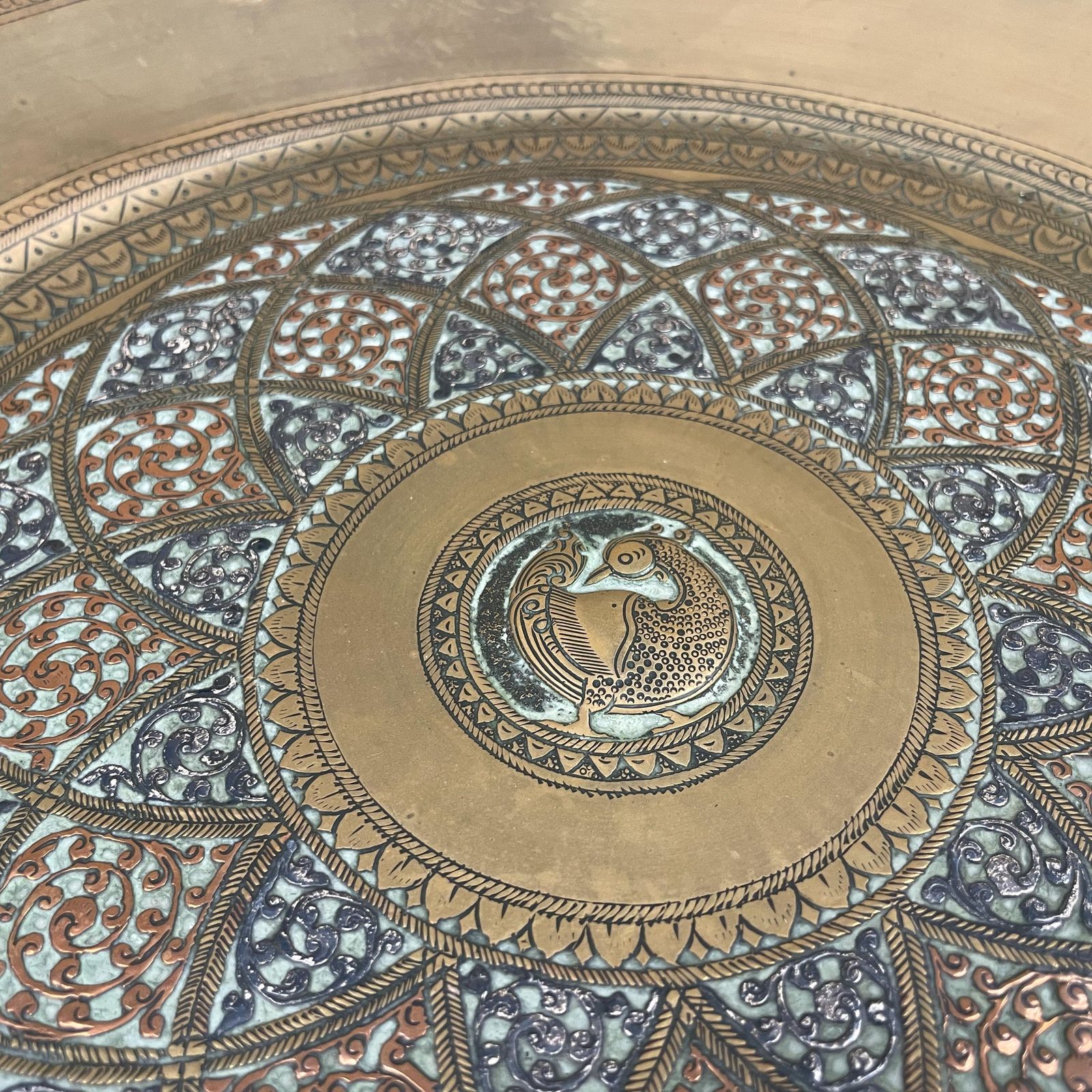 Antique Metal Gold Indian Patterned Brass Tea Tray 40cm Plate Handmade Etched Intricate Decorative Pattern Wall Art Octagon Vintage India photo furniture