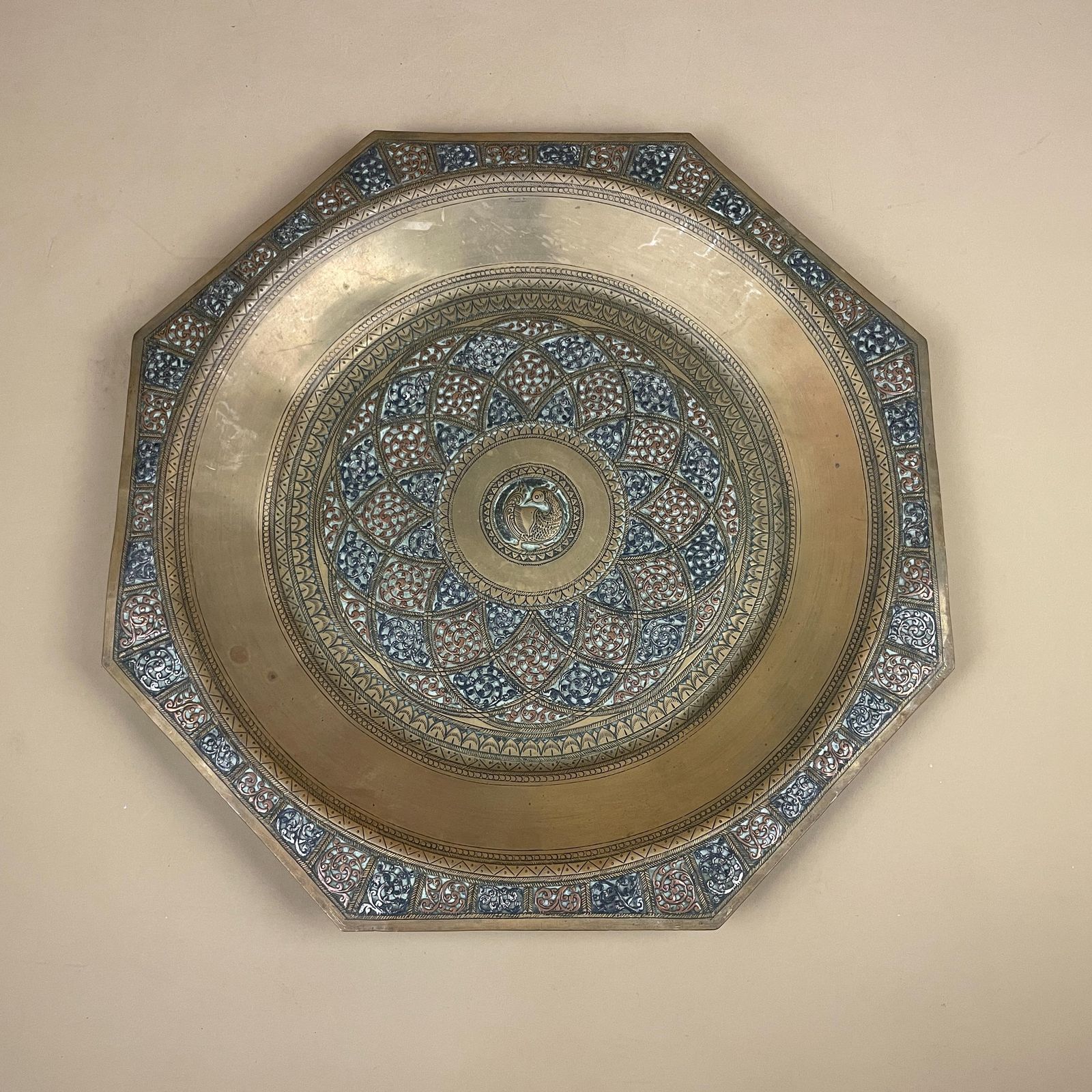 Antique Metal Gold Indian Patterned Brass Tea Tray 40cm Plate Handmade Etched Intricate Decorative Pattern Wall Art Octagon Vintage India photo for sale