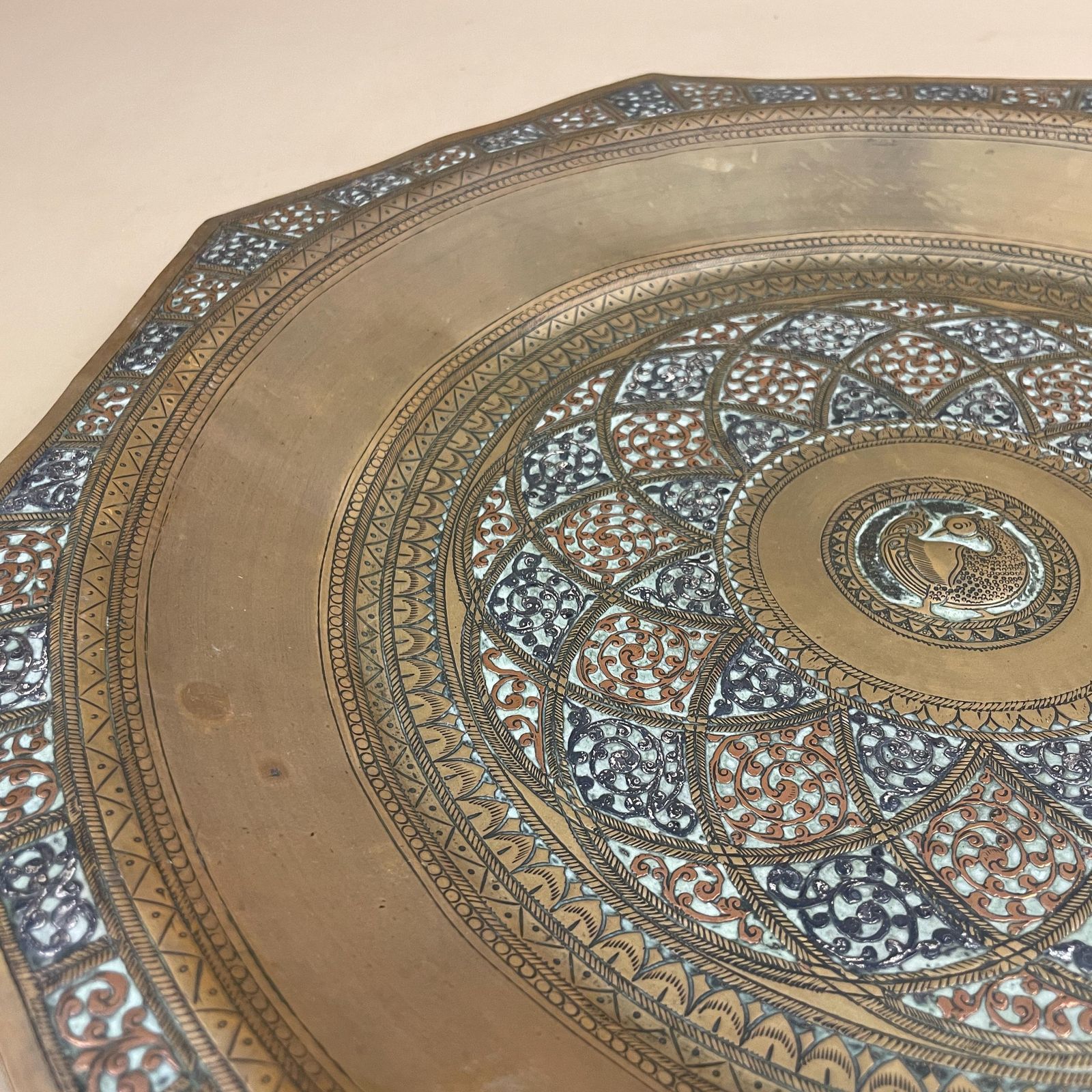 Antique Metal Gold Indian Patterned Brass Tea Tray 40cm Plate Handmade Etched Intricate Decorative Pattern Wall Art Octagon Vintage India photo vinterior