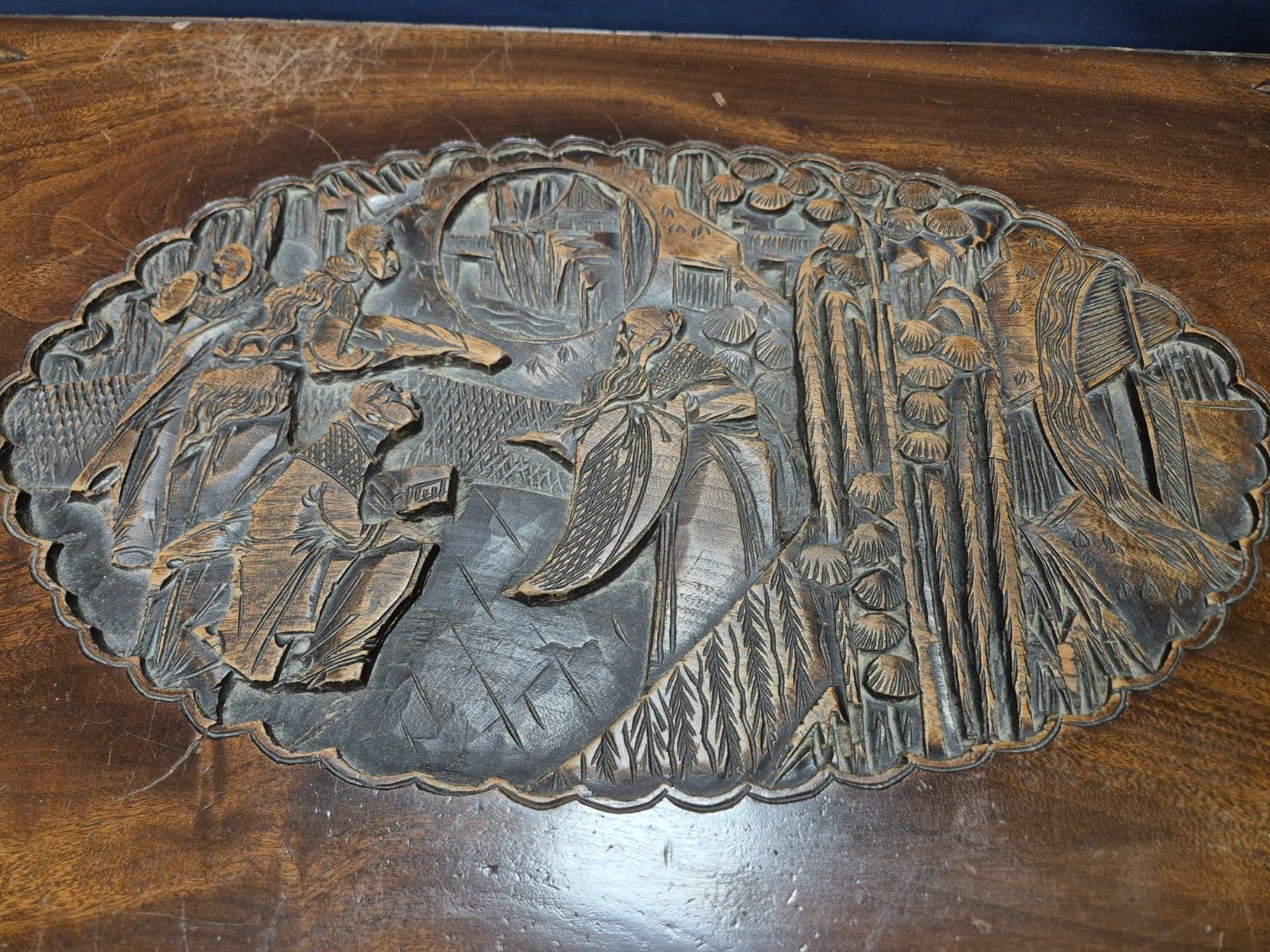 Large Carved Oriental Camphor Wooden Chest With Lock photo for sale