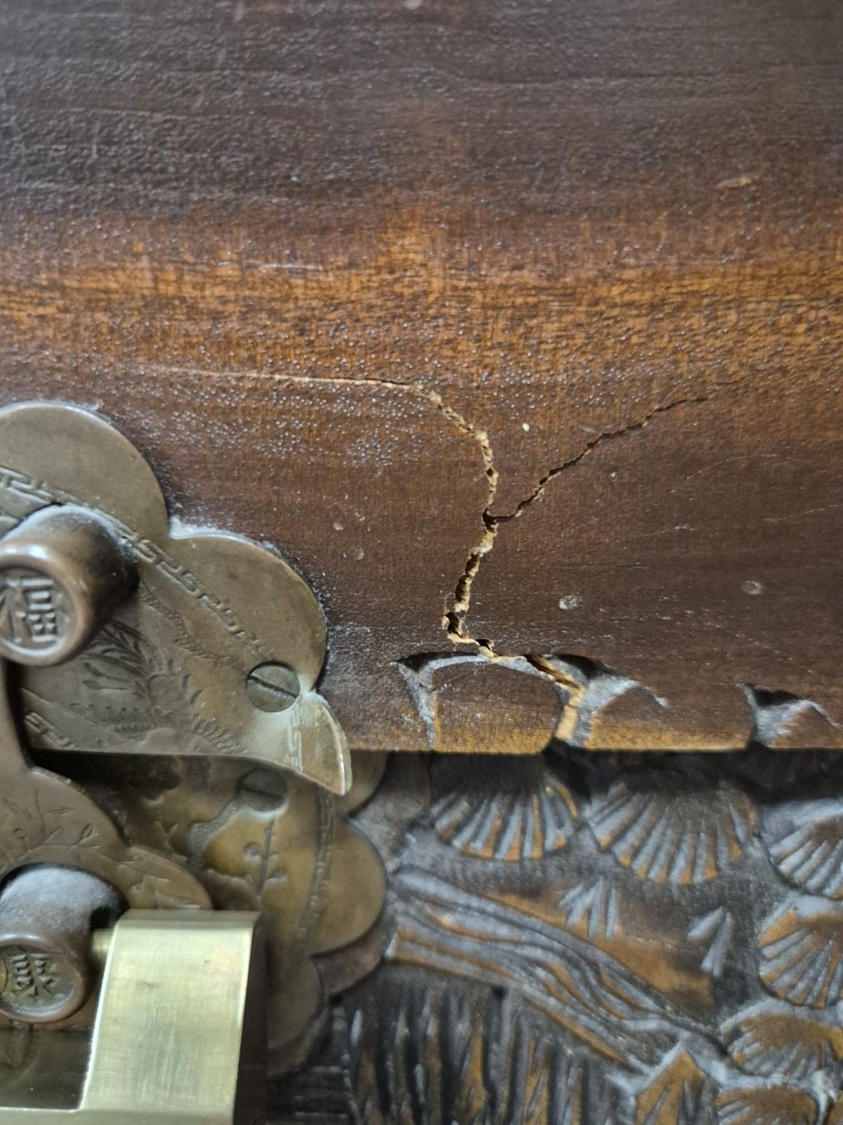 Furniture Large Carved Oriental Camphor Wooden Chest With Lock photo
