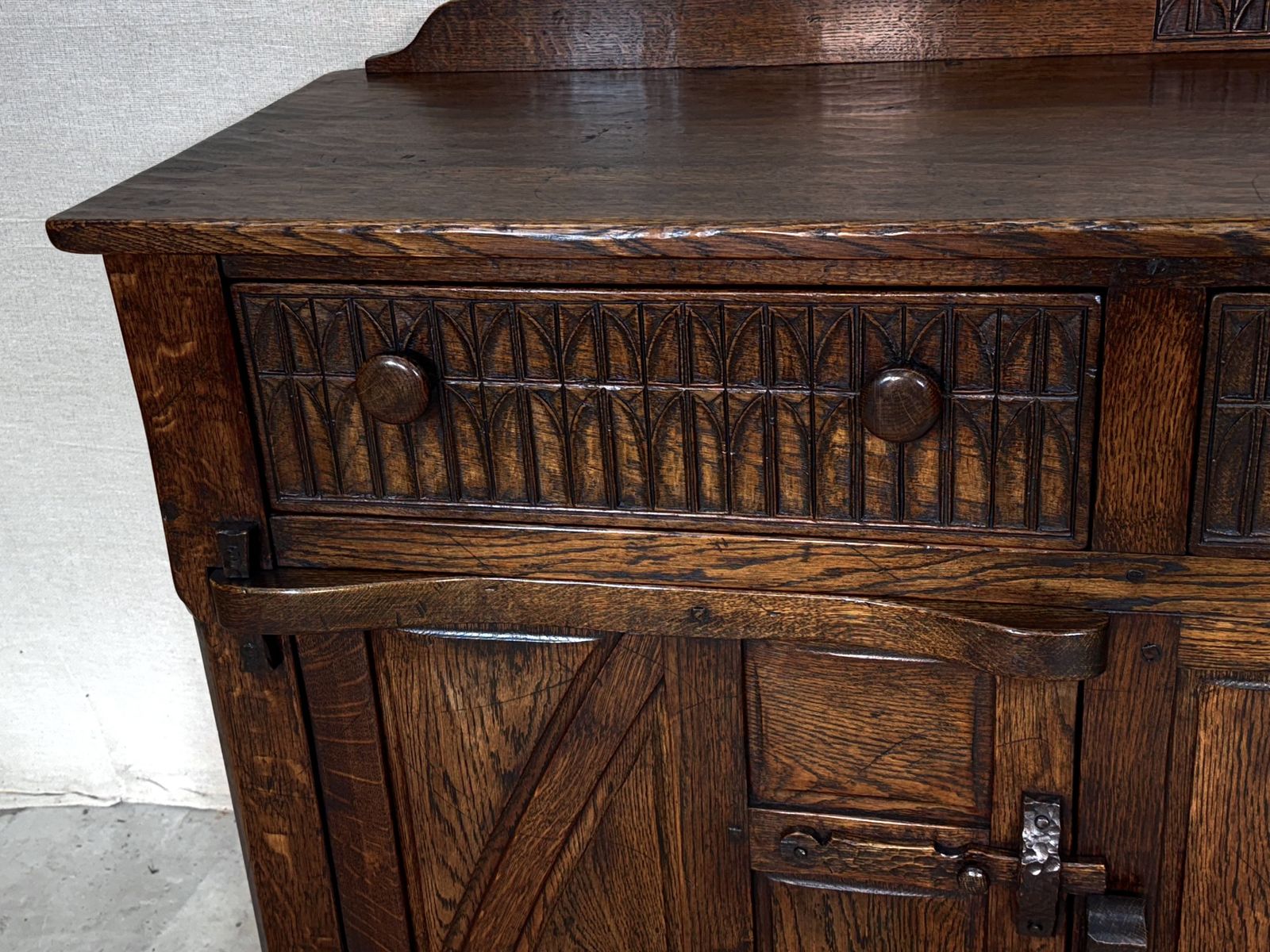 A Nigel Rupert Griffiths Monastic Carved Oak Dresser Base / Sideboard / Cabinet / Cupboard photo vinterior