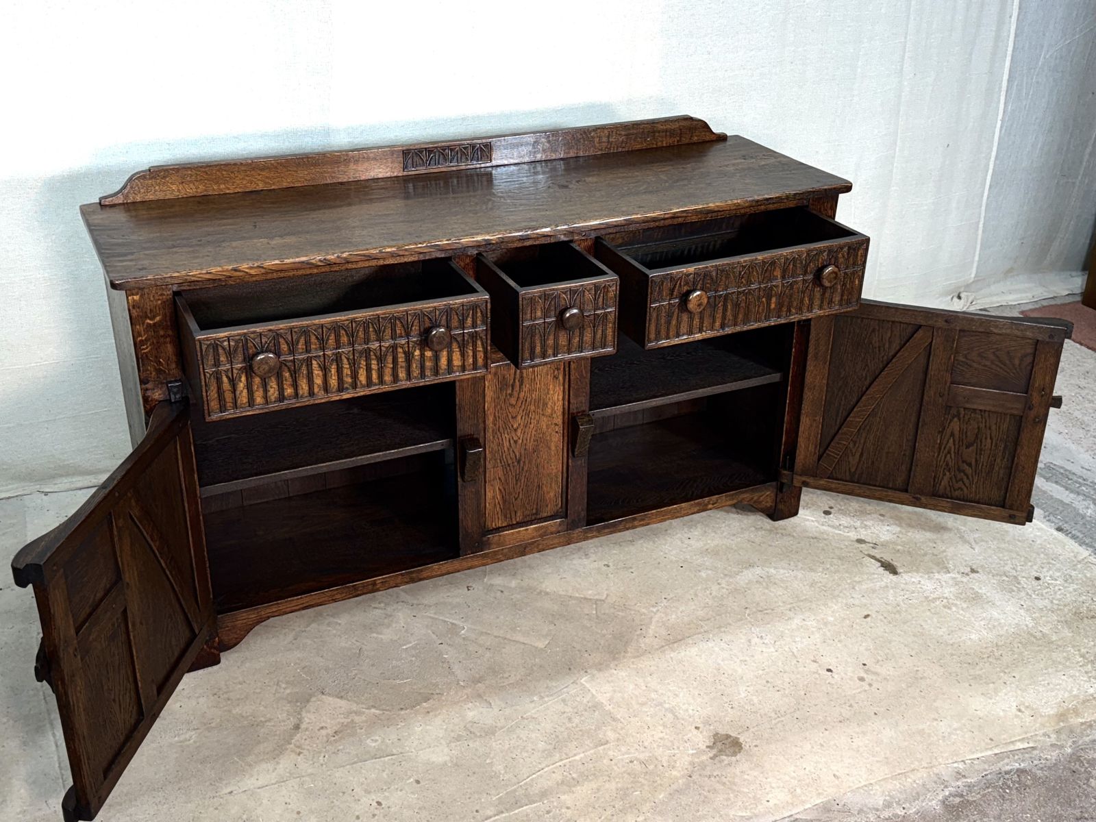 photo buy A Nigel Rupert Griffiths Monastic Carved Oak Dresser Base / Sideboard / Cabinet / Cupboard