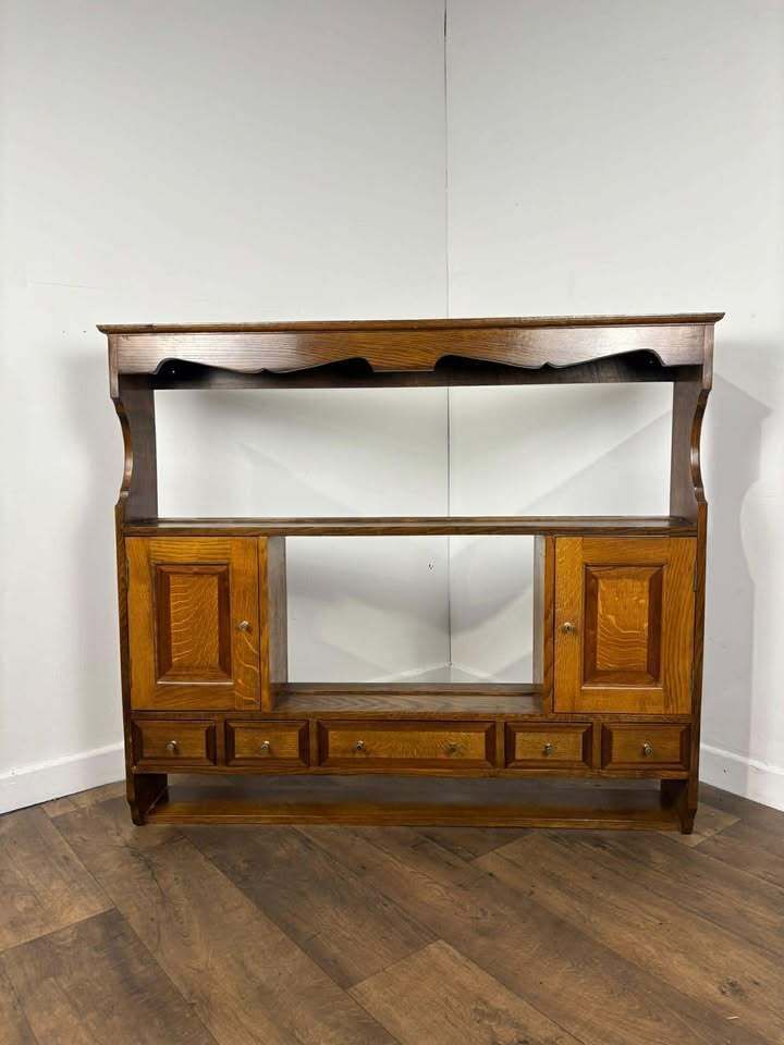 Vintage Oak & Mahogany Cross Banded Wall Shelves With Cupboards photo vintage