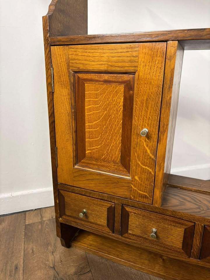 photo furniture Vintage Oak & Mahogany Cross Banded Wall Shelves With Cupboards
