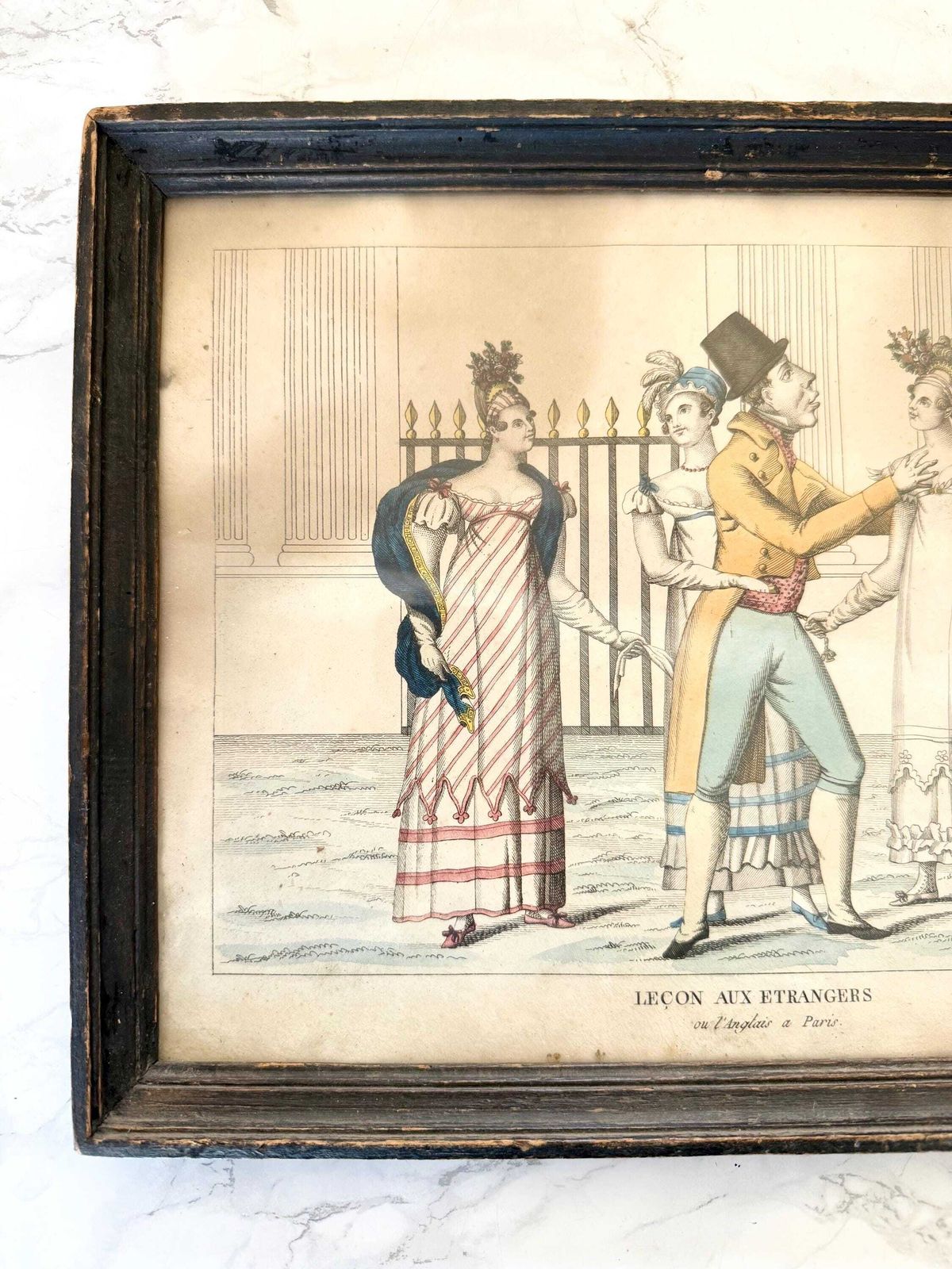 Antique Very Early 1800 French Empire Regency Etching Hand Coloured Original Frame And Glass Caricature Publication British French Paris photo furniture