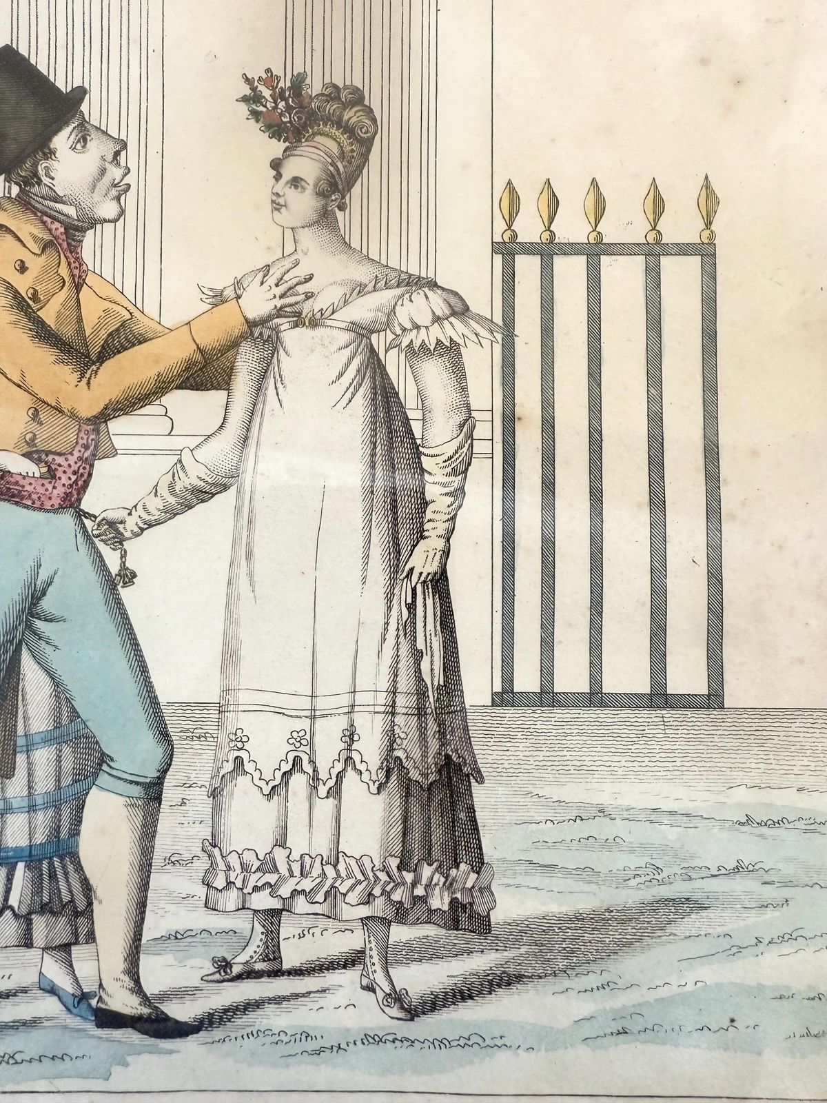 Antique Very Early 1800 French Empire Regency Etching Hand Coloured Original Frame And Glass Caricature Publication British French Paris photo buy