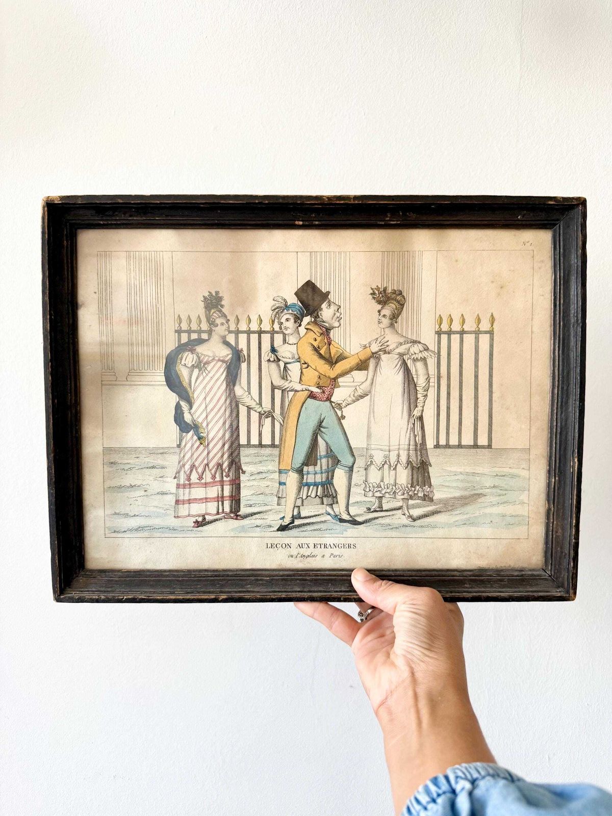 photo furniture Antique Very Early 1800 French Empire Regency Etching Hand Coloured Original Frame And Glass Caricature Publication British French Paris