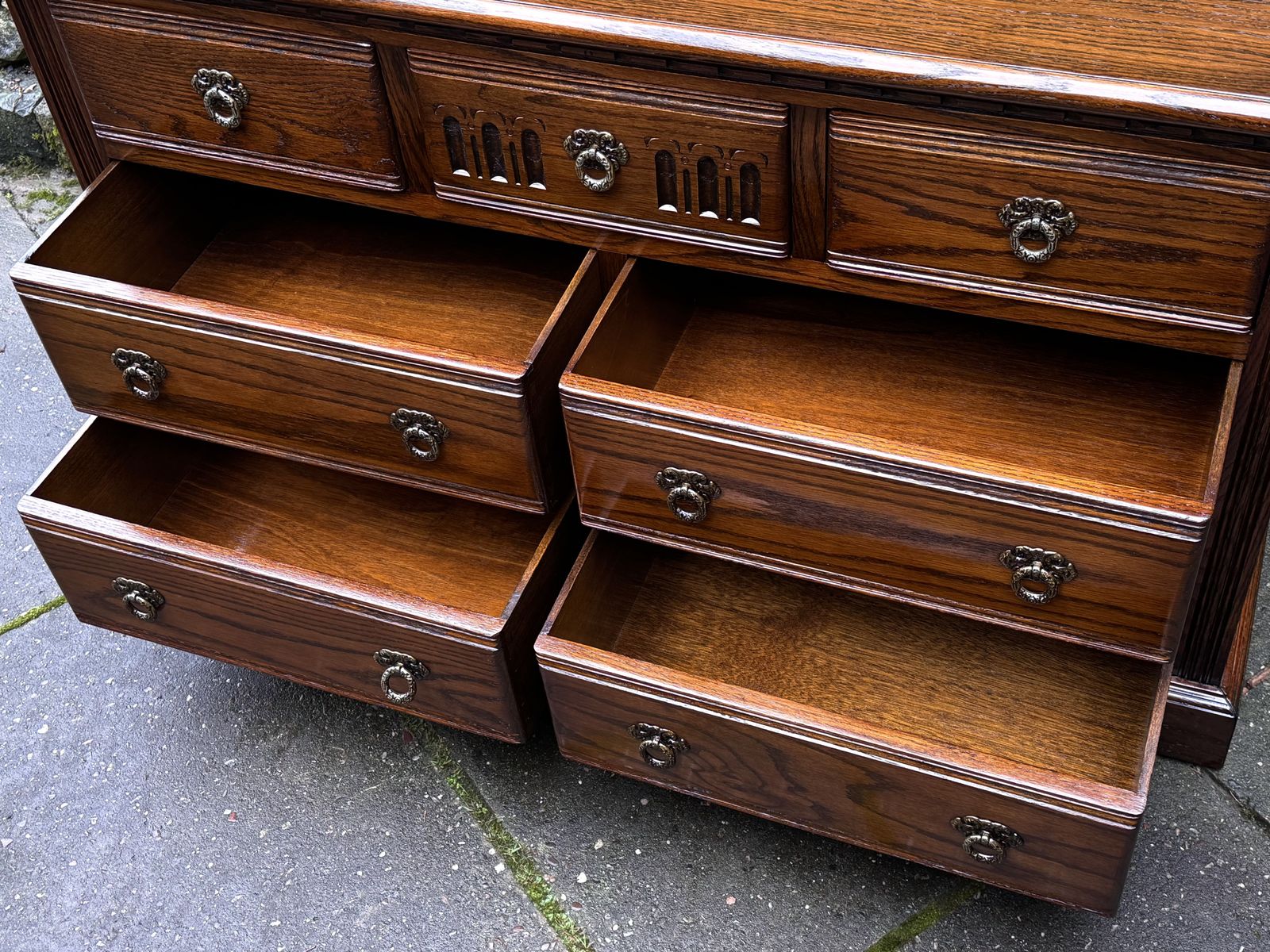 Furniture A Wood Brothers Old Charm Carved Light Oak Long Chest Of Drawers / Sideboard / Dresser Base photo
