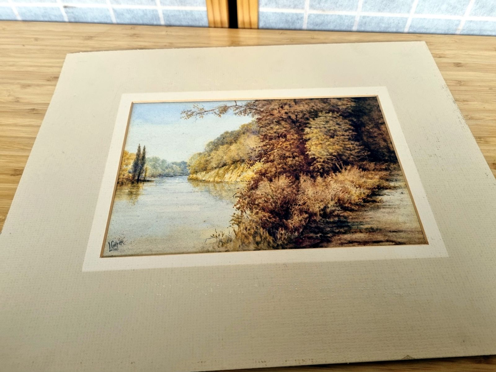 Original Watercolour Landscape Artwork, L Cowper Signed, English River Scene On Paper, Mounted Fine Art C1930s photo Art